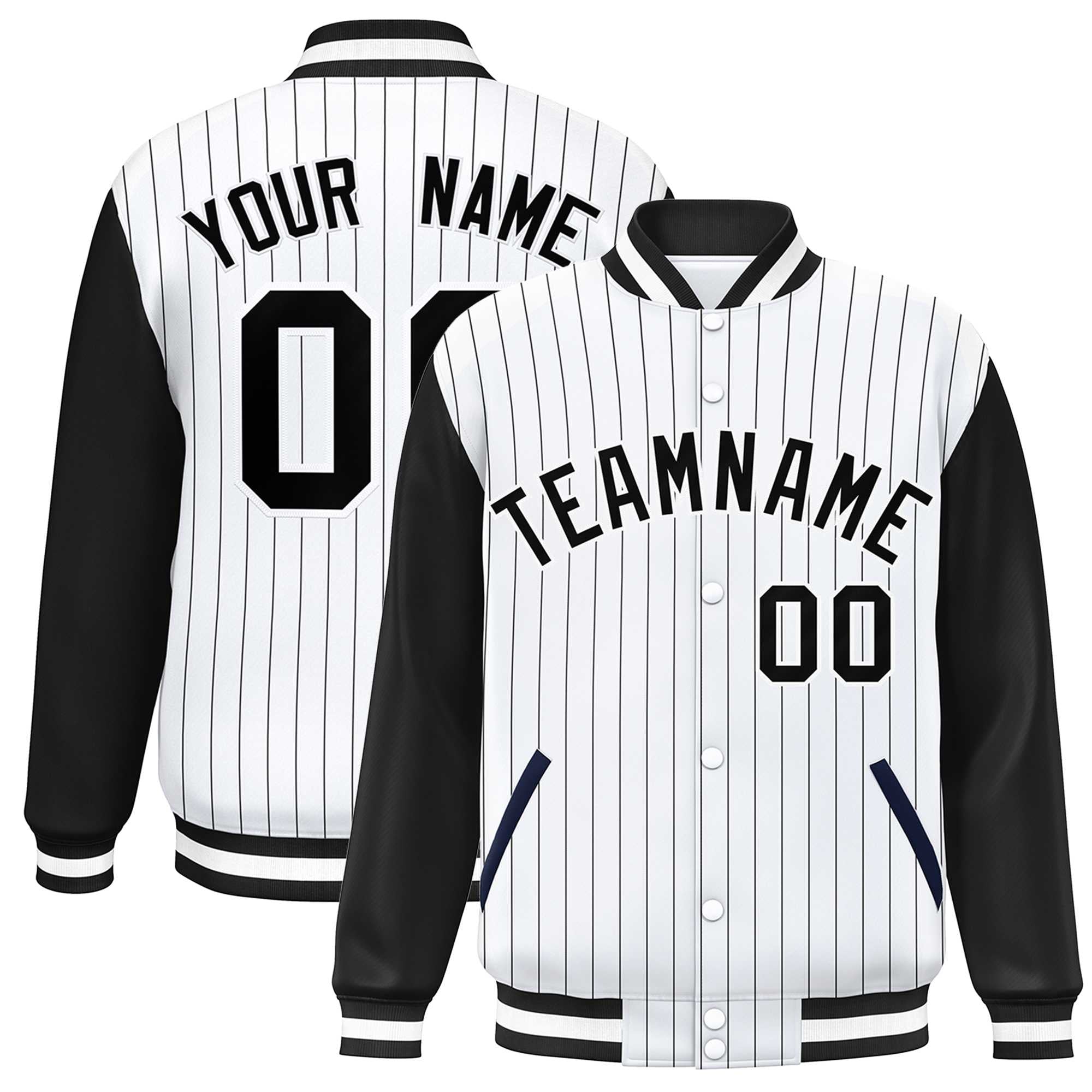 Custom White Black Stripe Fashion Bomber Varsity Jacket with Raglan Sleeves