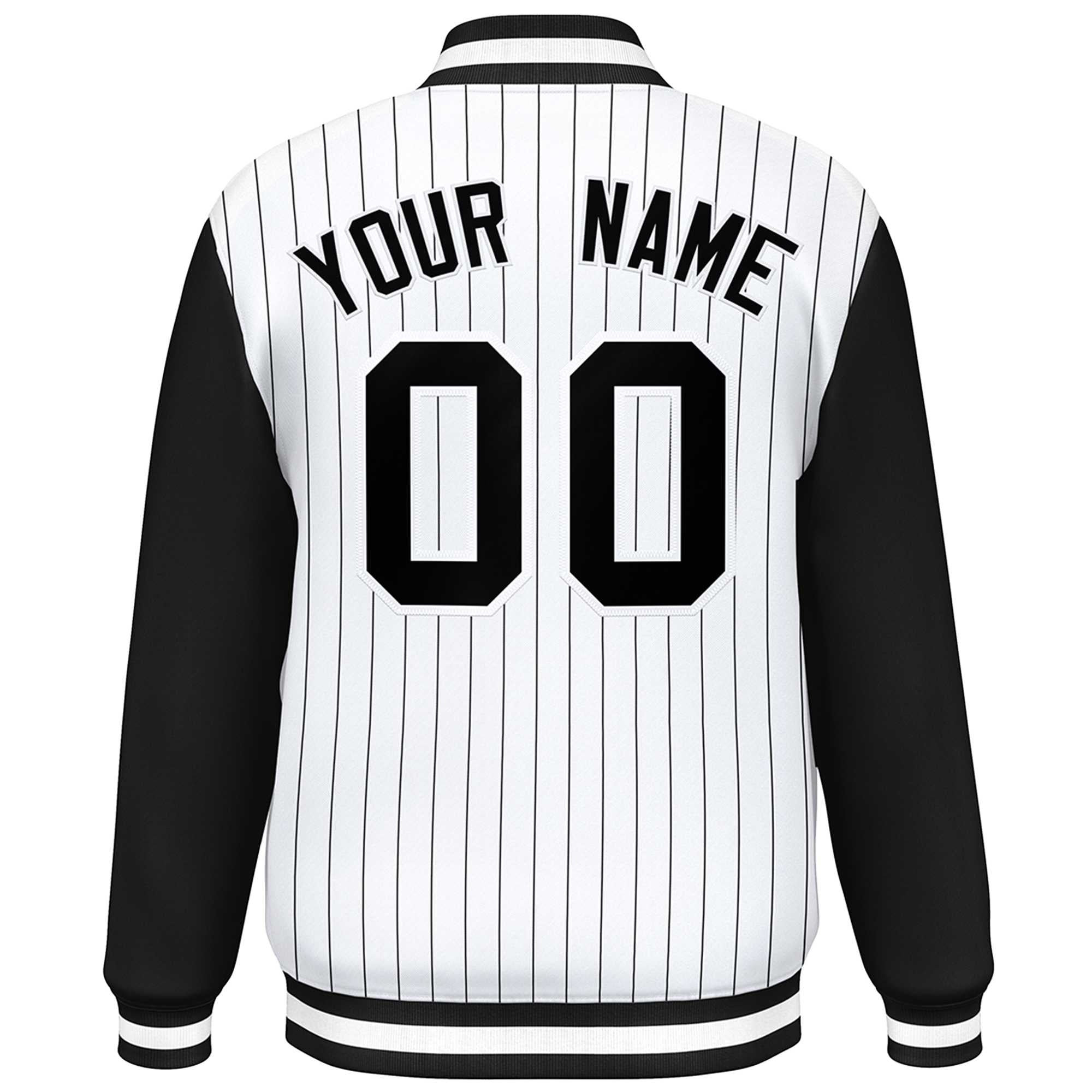 Custom White Black Stripe Fashion Bomber Varsity Jacket with Raglan Sleeves