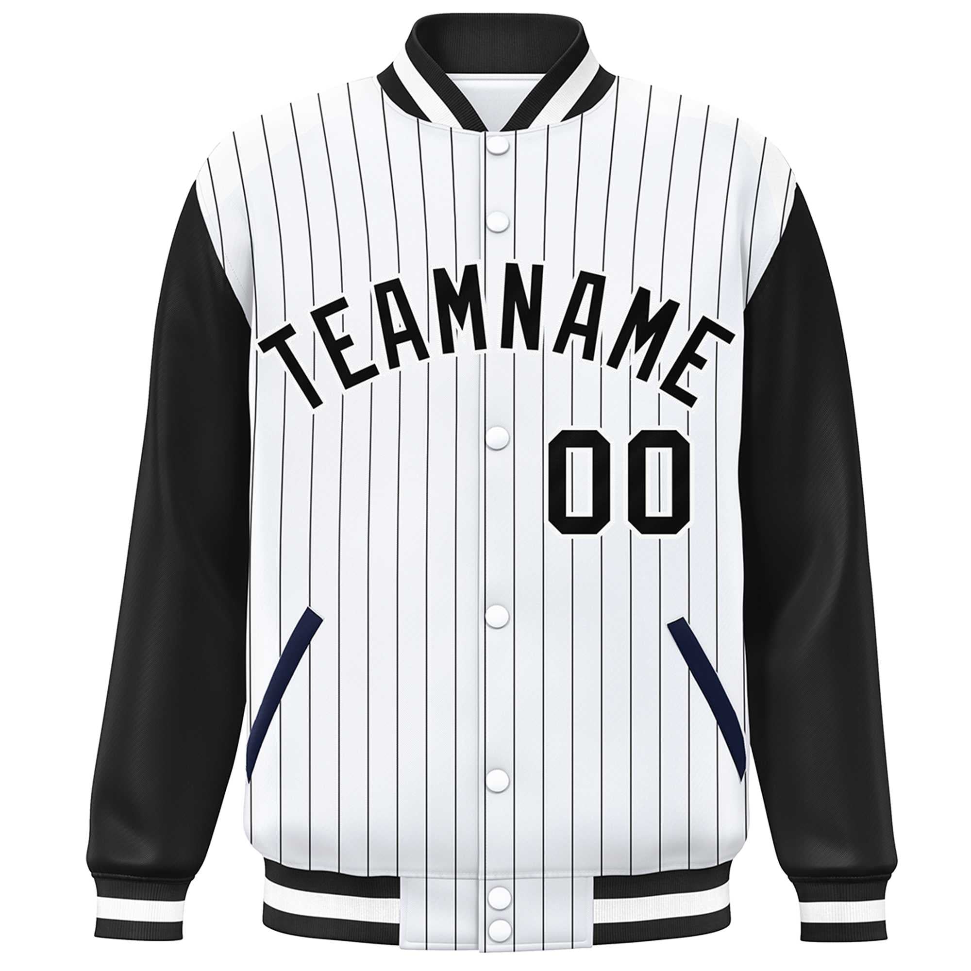 Custom White Black Stripe Fashion Bomber Varsity Jacket with Raglan Sleeves