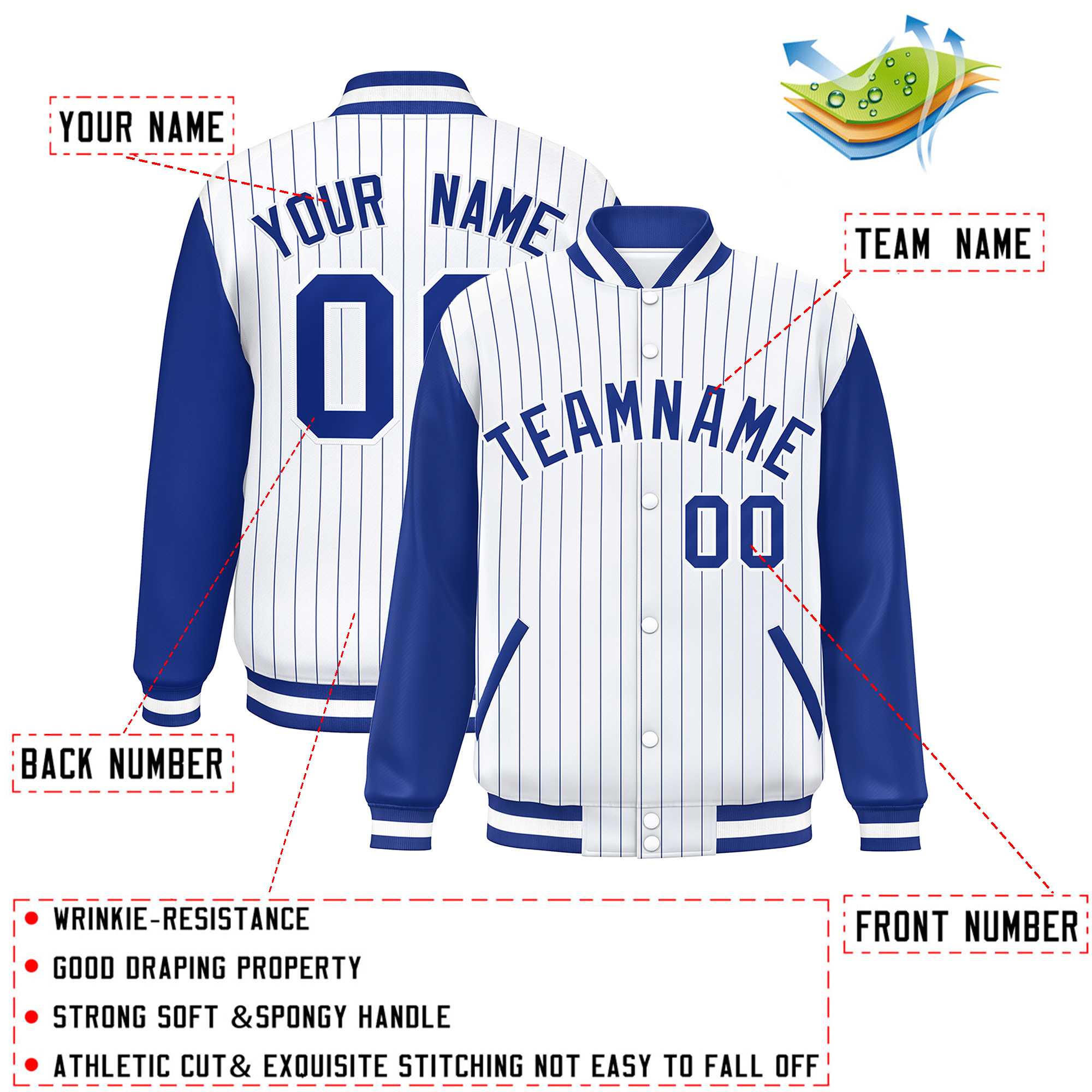 Custom White Royal Stripe Fashion Bomber Varsity Jacket with Raglan Sleeves