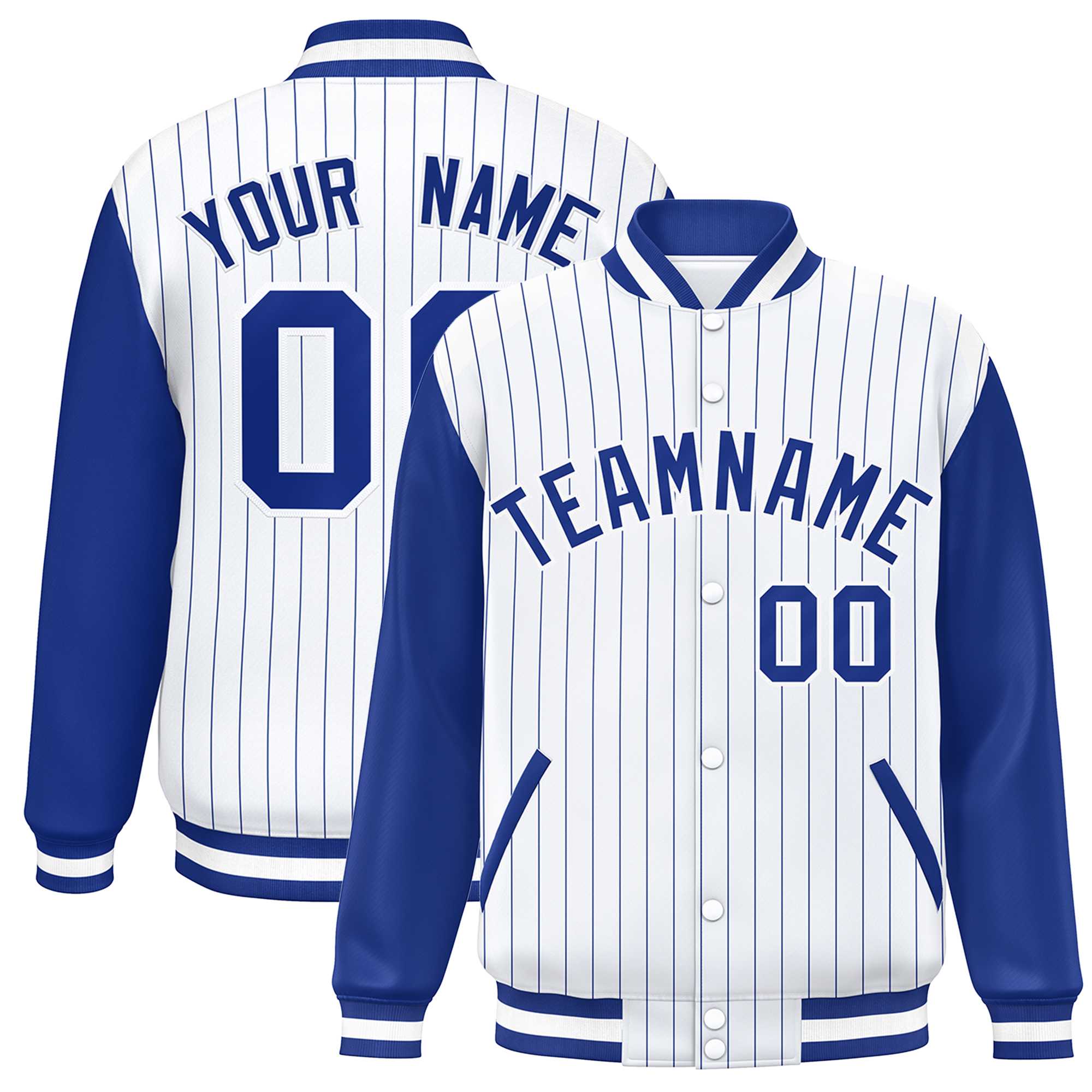 Custom White Royal Stripe Fashion Bomber Varsity Jacket with Raglan Sleeves