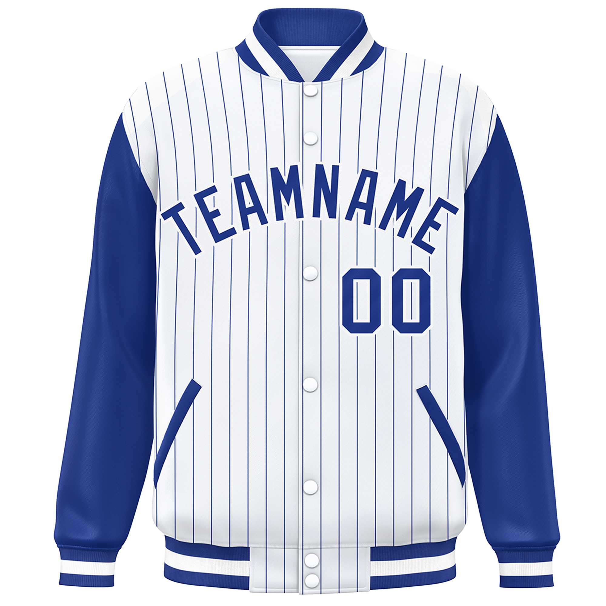 Custom White Royal Stripe Fashion Bomber Varsity Jacket with Raglan Sleeves