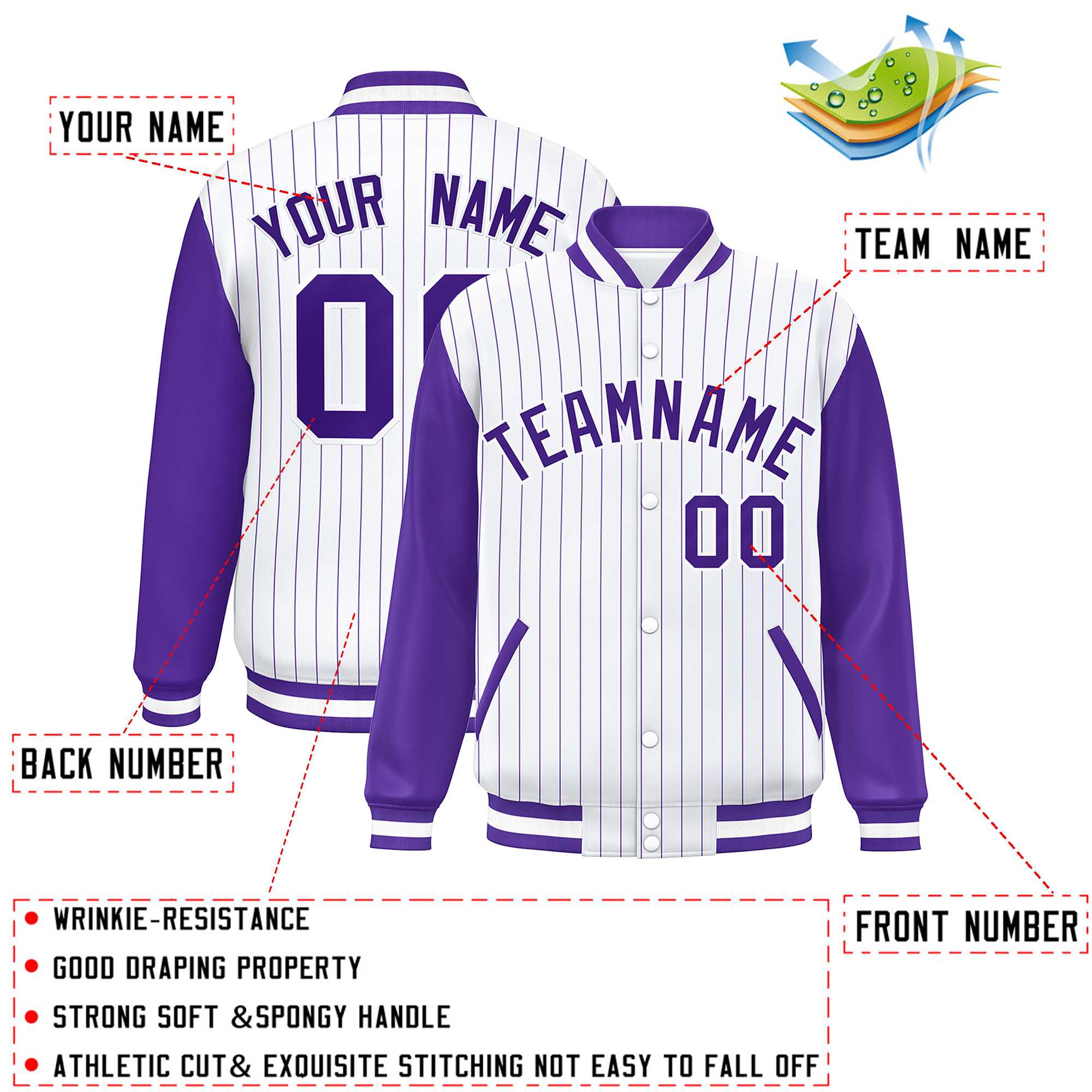 Custom White Purple Stripe Fashion Bomber Varsity Jacket with Raglan Sleeves