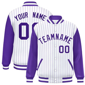 Custom White Purple Stripe Fashion Bomber Varsity Jacket with Raglan Sleeves