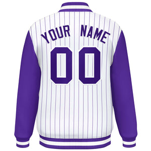 Custom White Purple Stripe Fashion Bomber Varsity Jacket with Raglan Sleeves