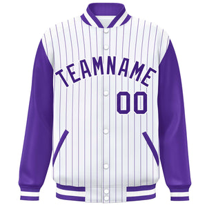 Custom White Purple Stripe Fashion Bomber Varsity Jacket with Raglan Sleeves