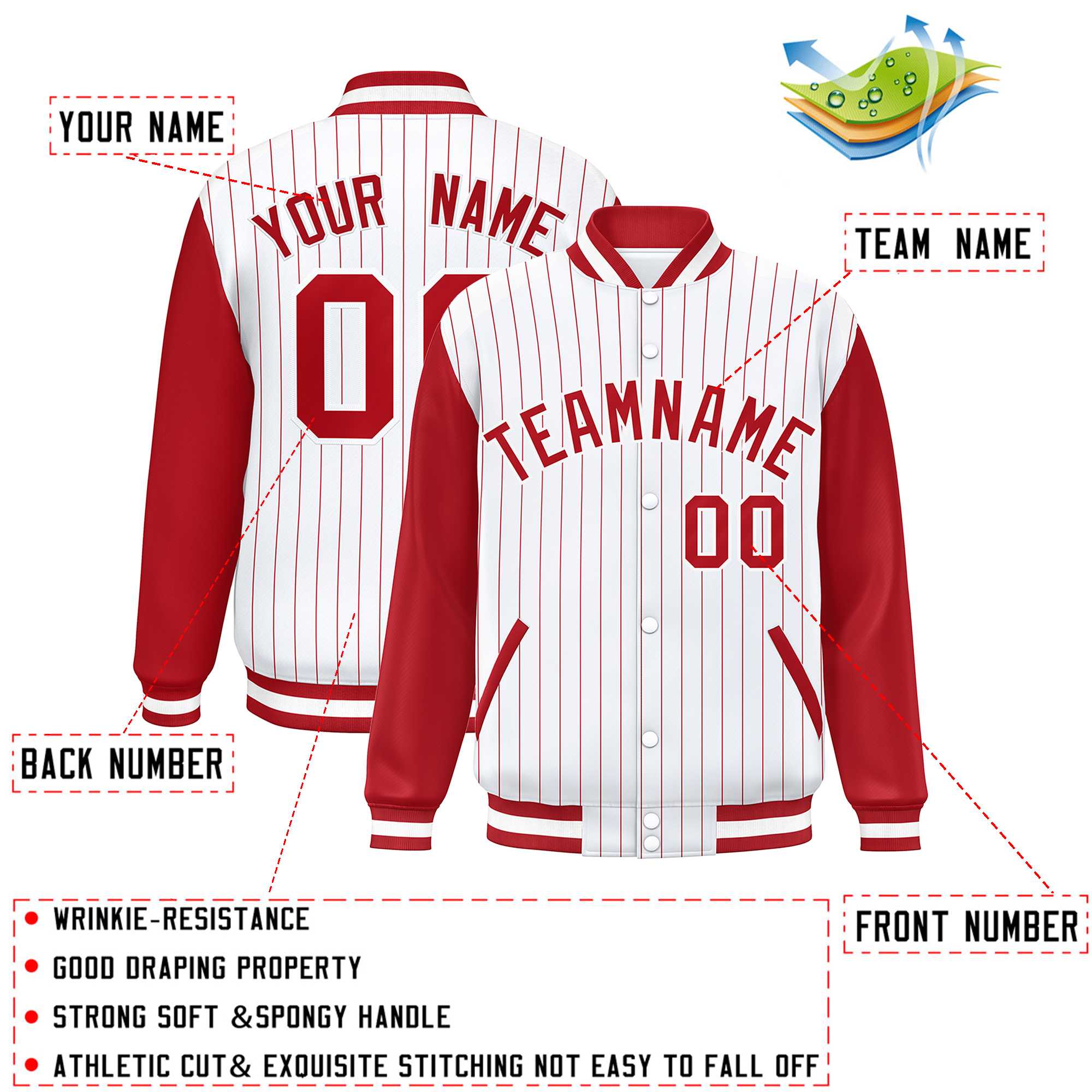 Custom White Red Stripe Fashion Bomber Varsity Jacket with Raglan Sleeves