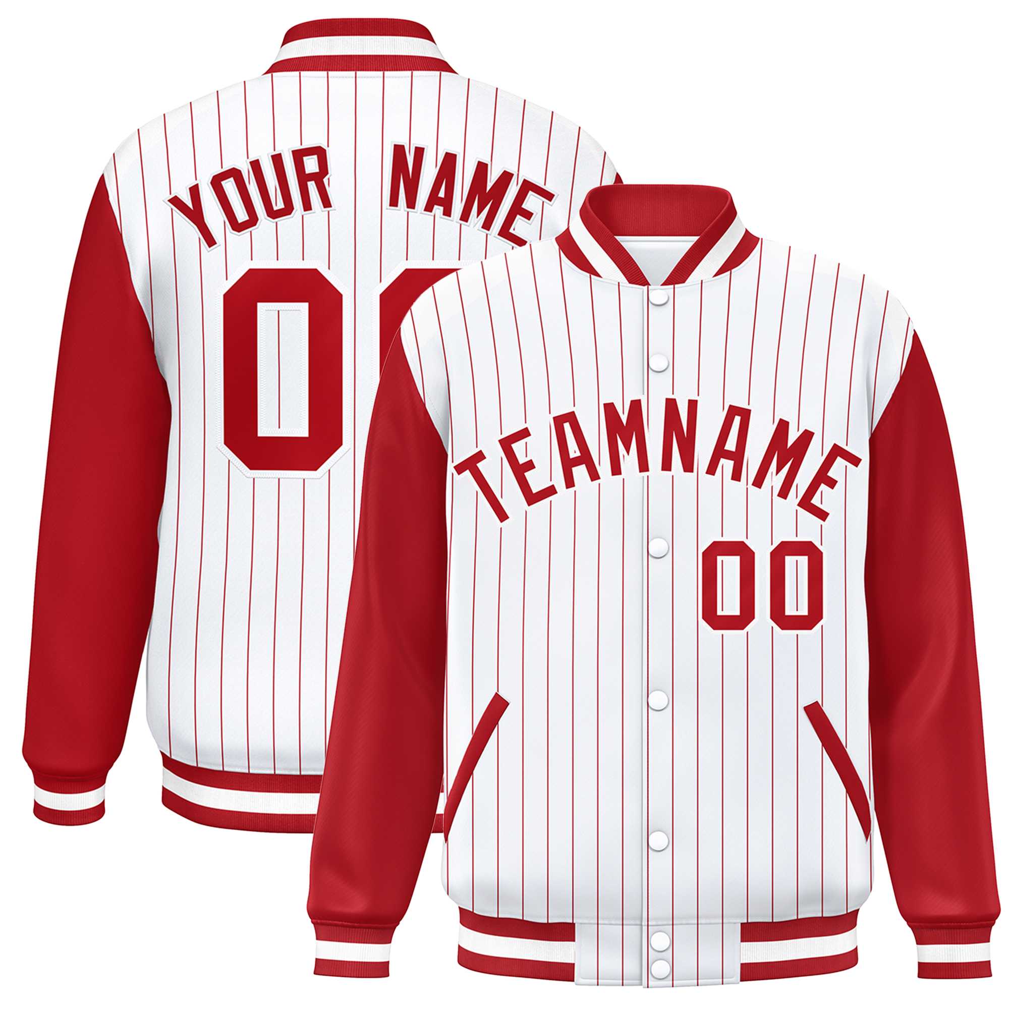 Custom White Red Stripe Fashion Bomber Varsity Jacket with Raglan Sleeves