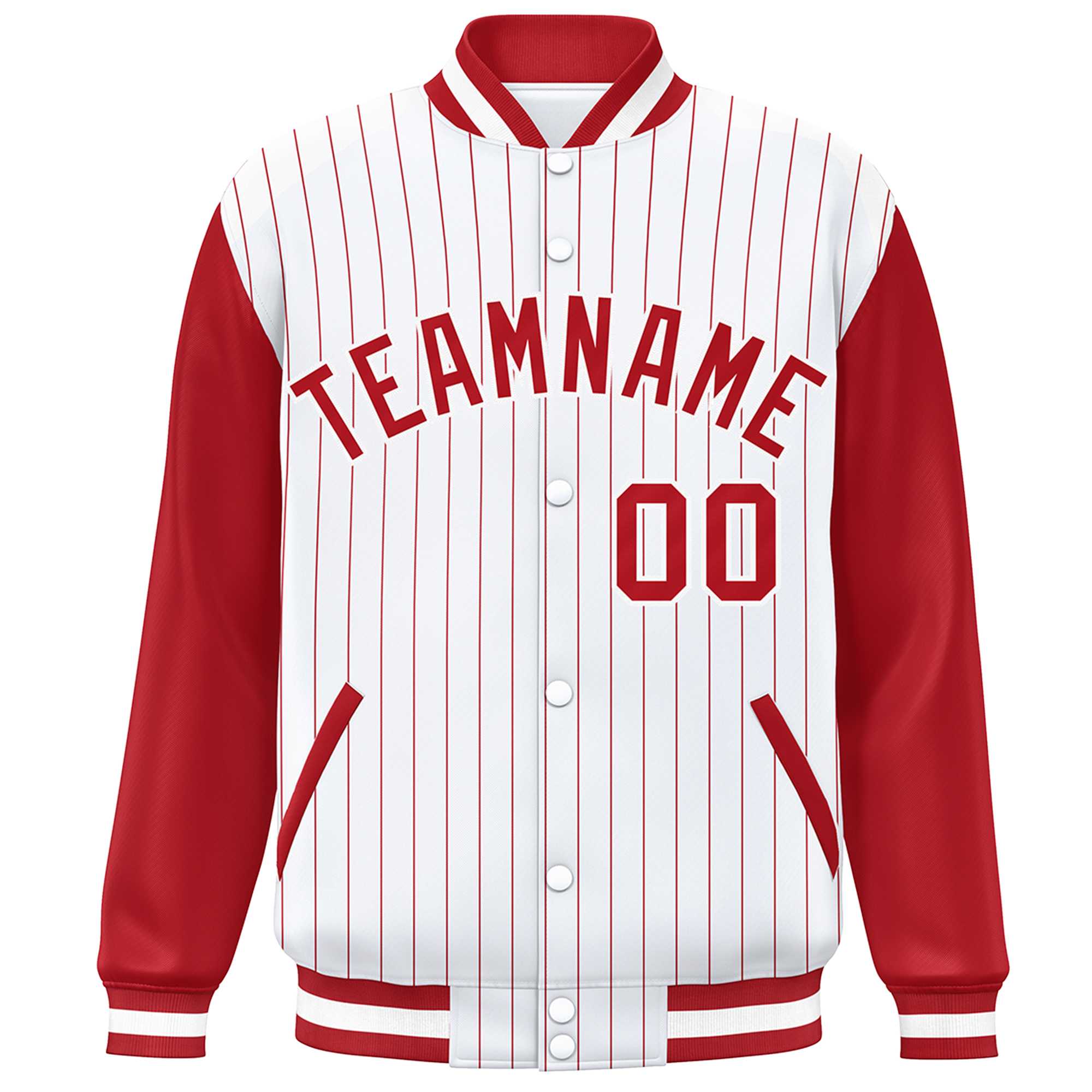 Custom White Red Stripe Fashion Bomber Varsity Jacket with Raglan Sleeves