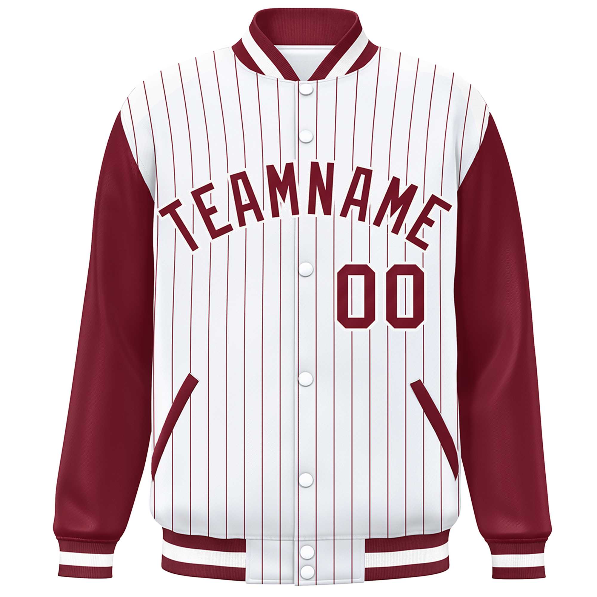 Custom White Crimson Stripe Fashion Bomber Varsity Jacket with Raglan Sleeves