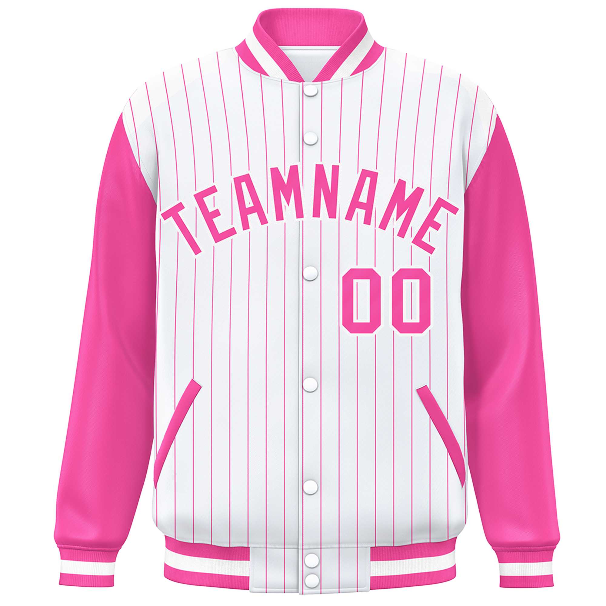 Custom White Pink Stripe Fashion Bomber Varsity Jacket with Raglan Sleeves