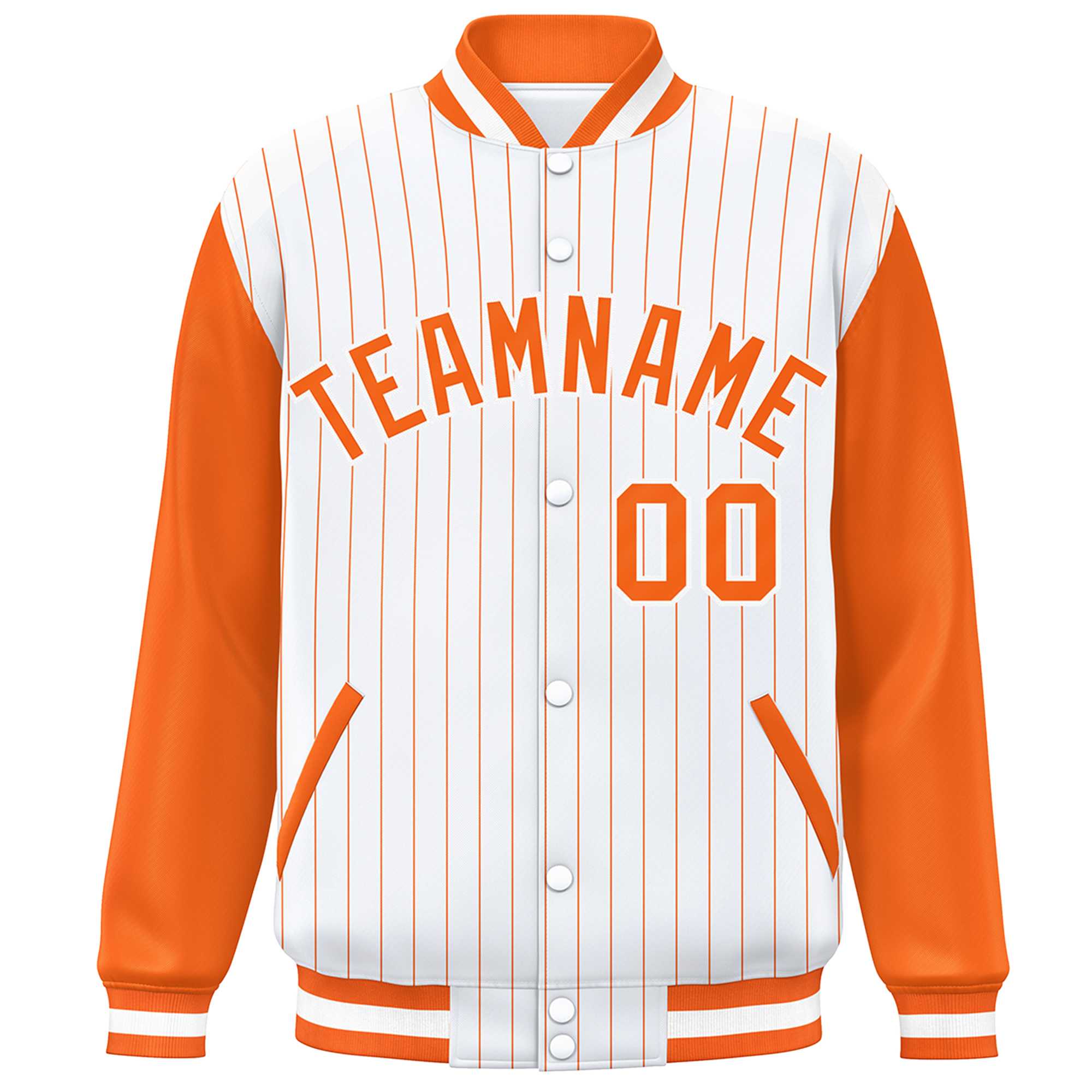 Custom White Orange Stripe Fashion Bomber Varsity Jacket with Raglan Sleeves