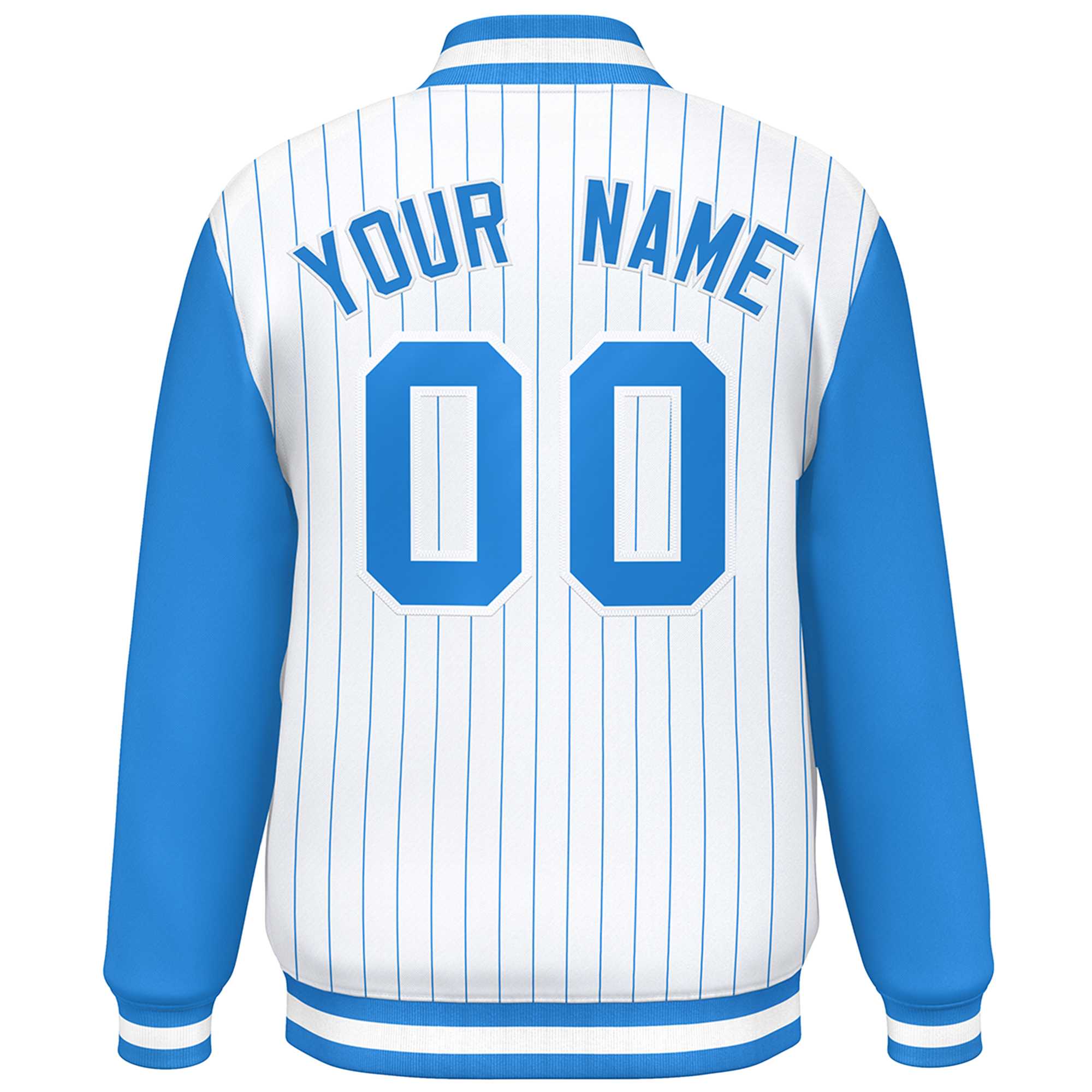 Custom White Powder Blue Stripe Fashion Bomber Varsity Jacket with Raglan Sleeves