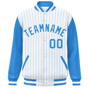 Custom White Powder Blue Stripe Fashion Bomber Varsity Jacket with Raglan Sleeves