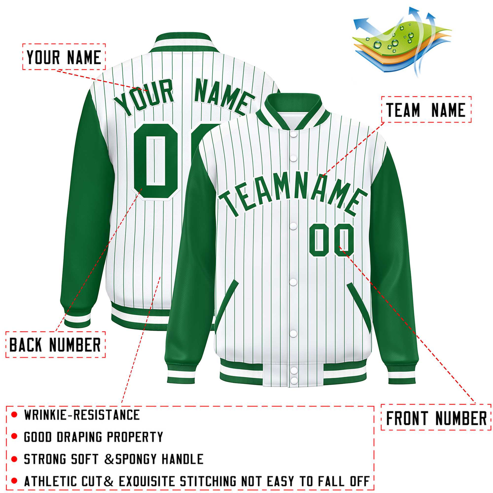 Custom White Kelly Green Stripe Fashion Bomber Varsity Jacket with Raglan Sleeves