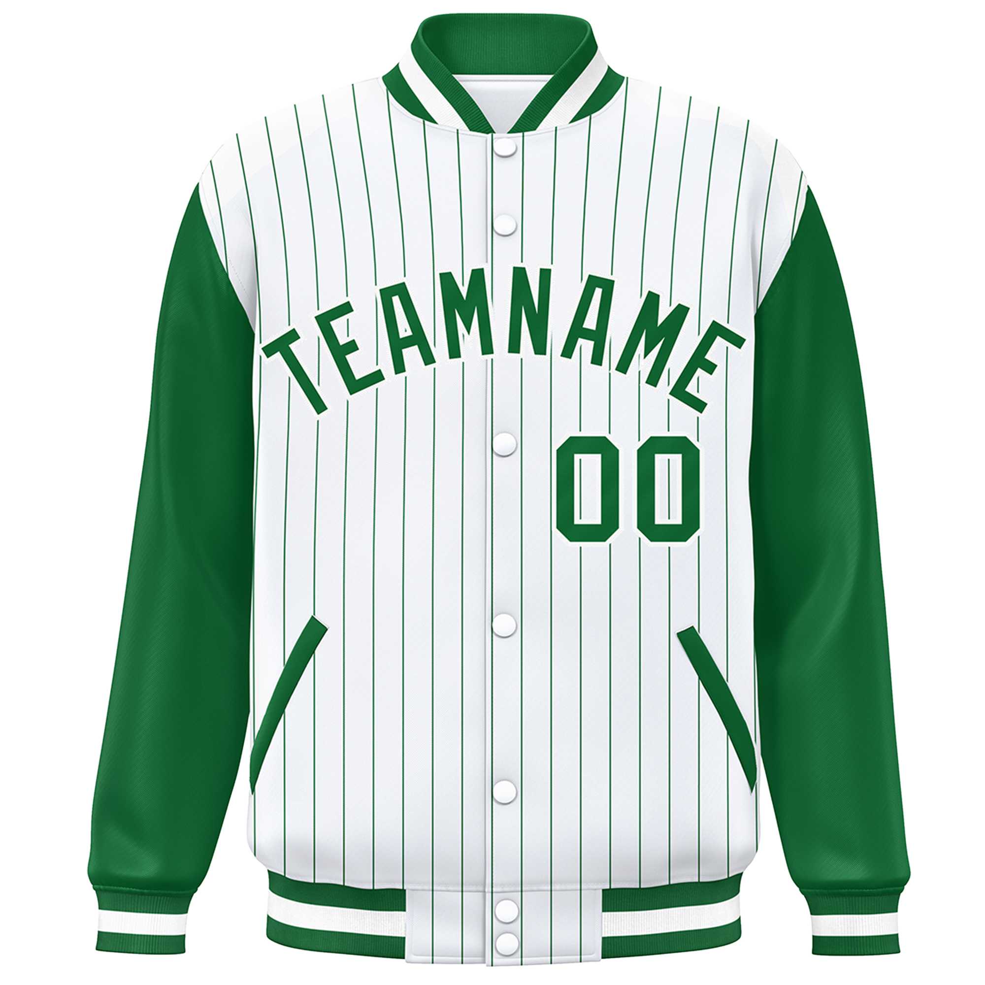 Custom White Kelly Green Stripe Fashion Bomber Varsity Jacket with Raglan Sleeves