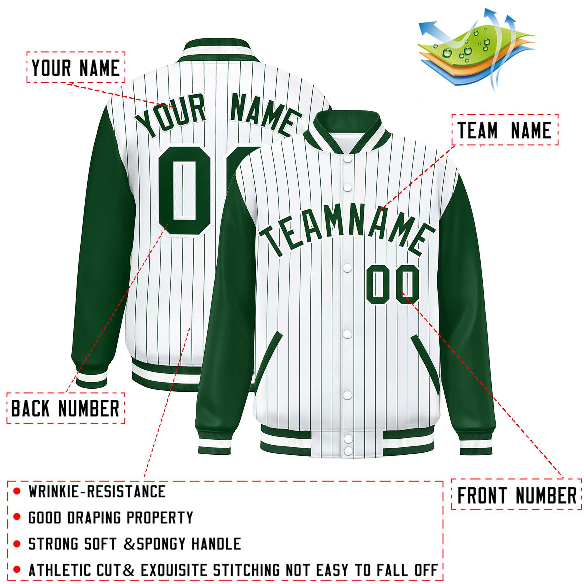 Custom White Green Stripe Fashion Bomber Varsity Jacket with Raglan Sleeves