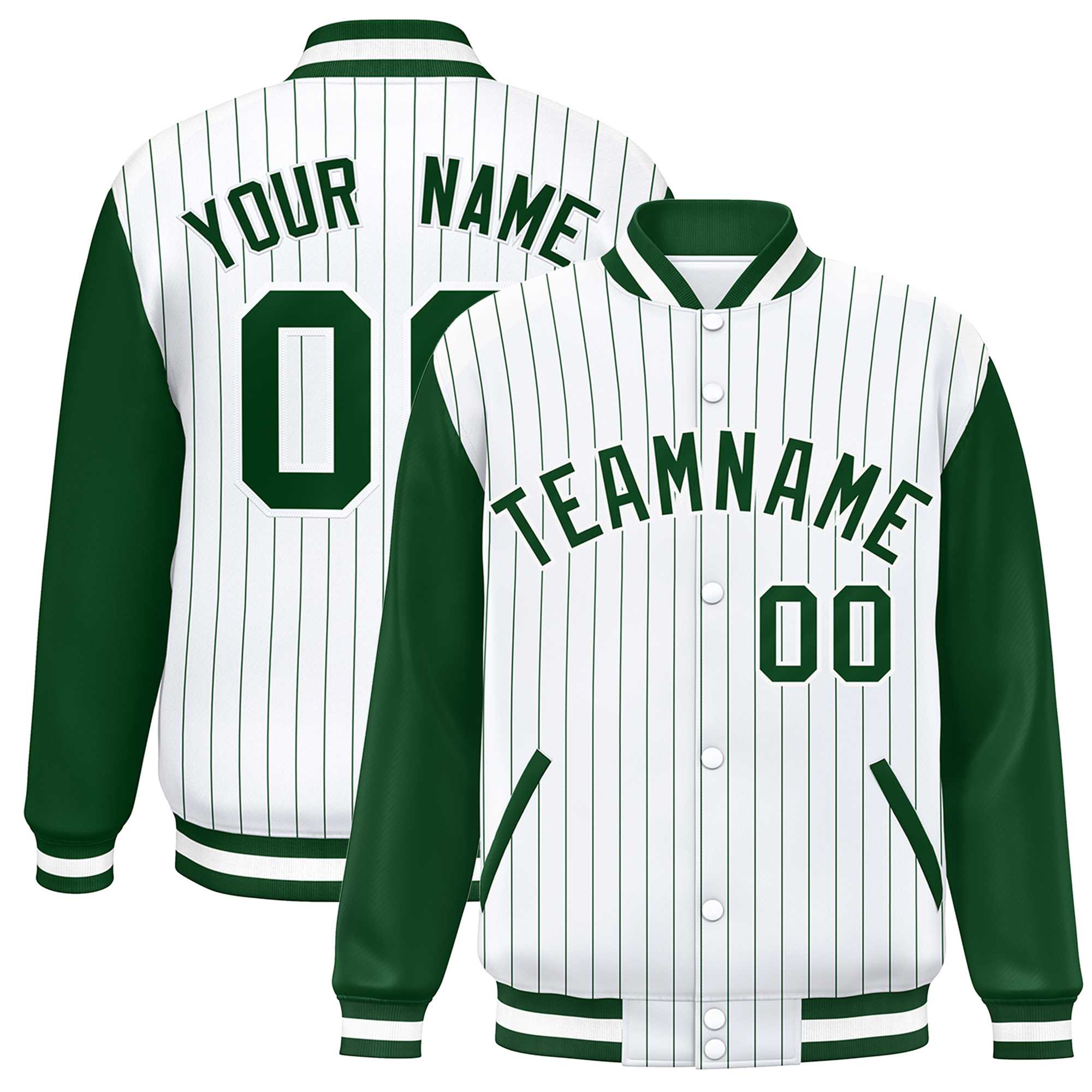 Custom White Green Stripe Fashion Bomber Varsity Jacket with Raglan Sleeves