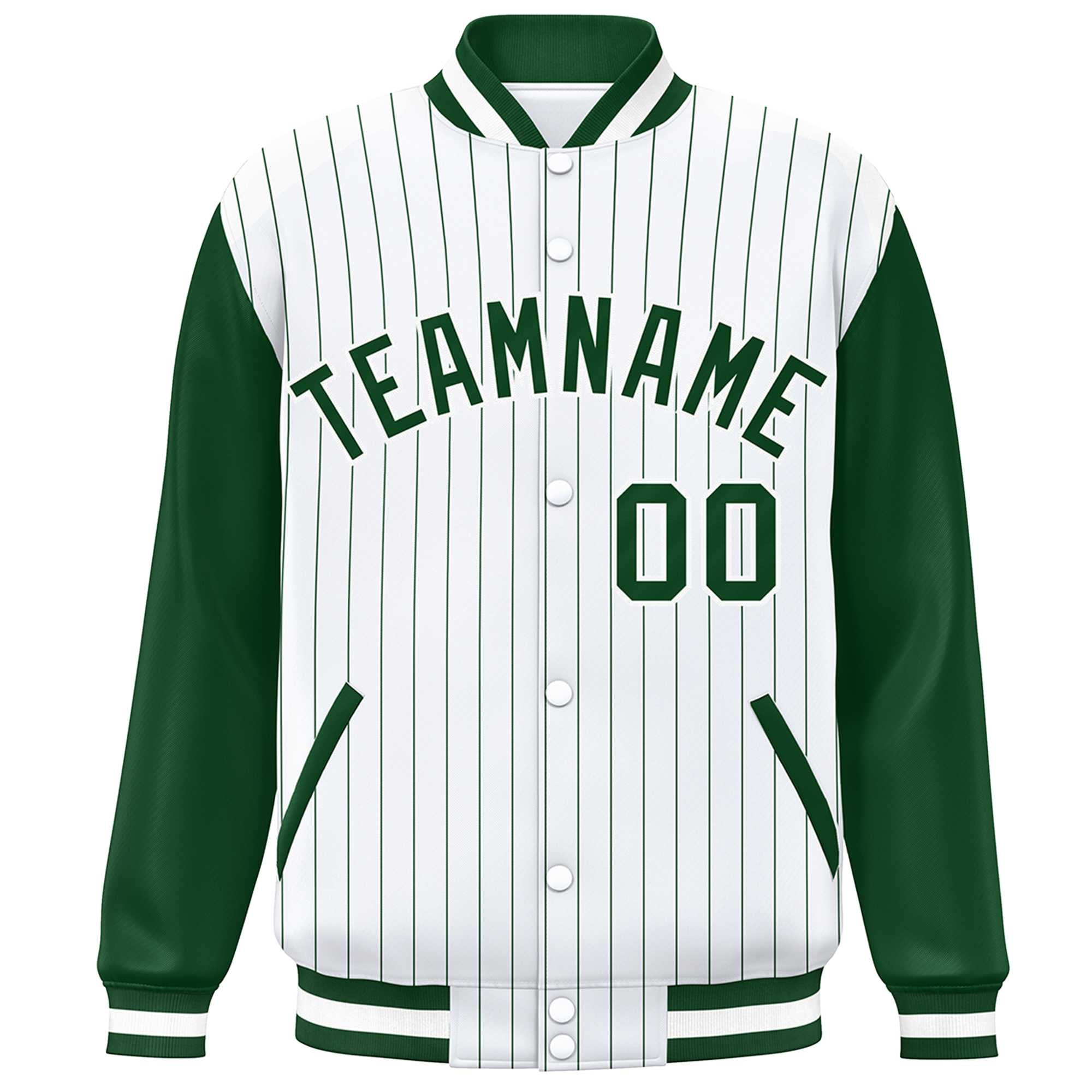 Custom White Green Stripe Fashion Bomber Varsity Jacket with Raglan Sleeves