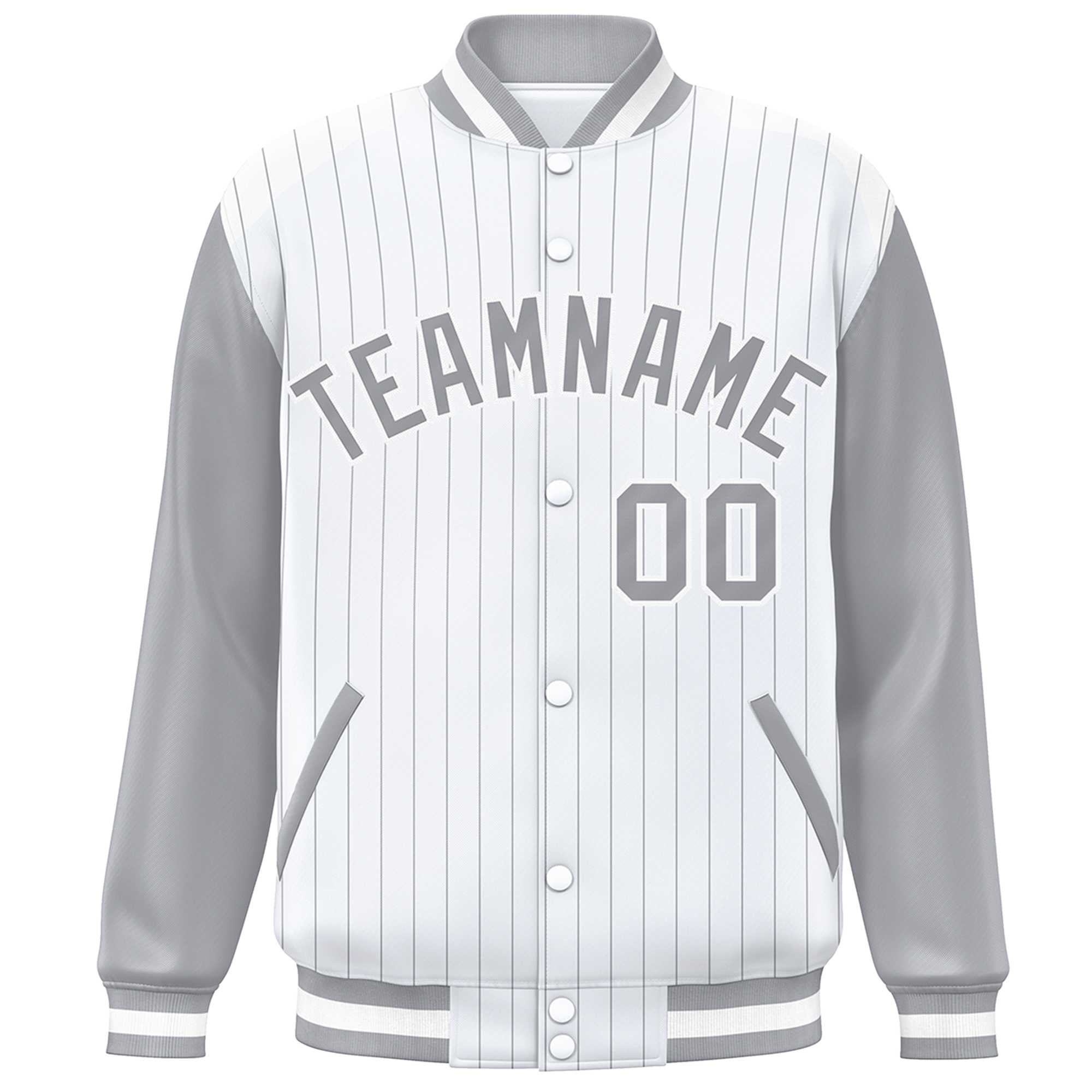 Custom White Gray Stripe Fashion Bomber Varsity Jacket with Raglan Sleeves