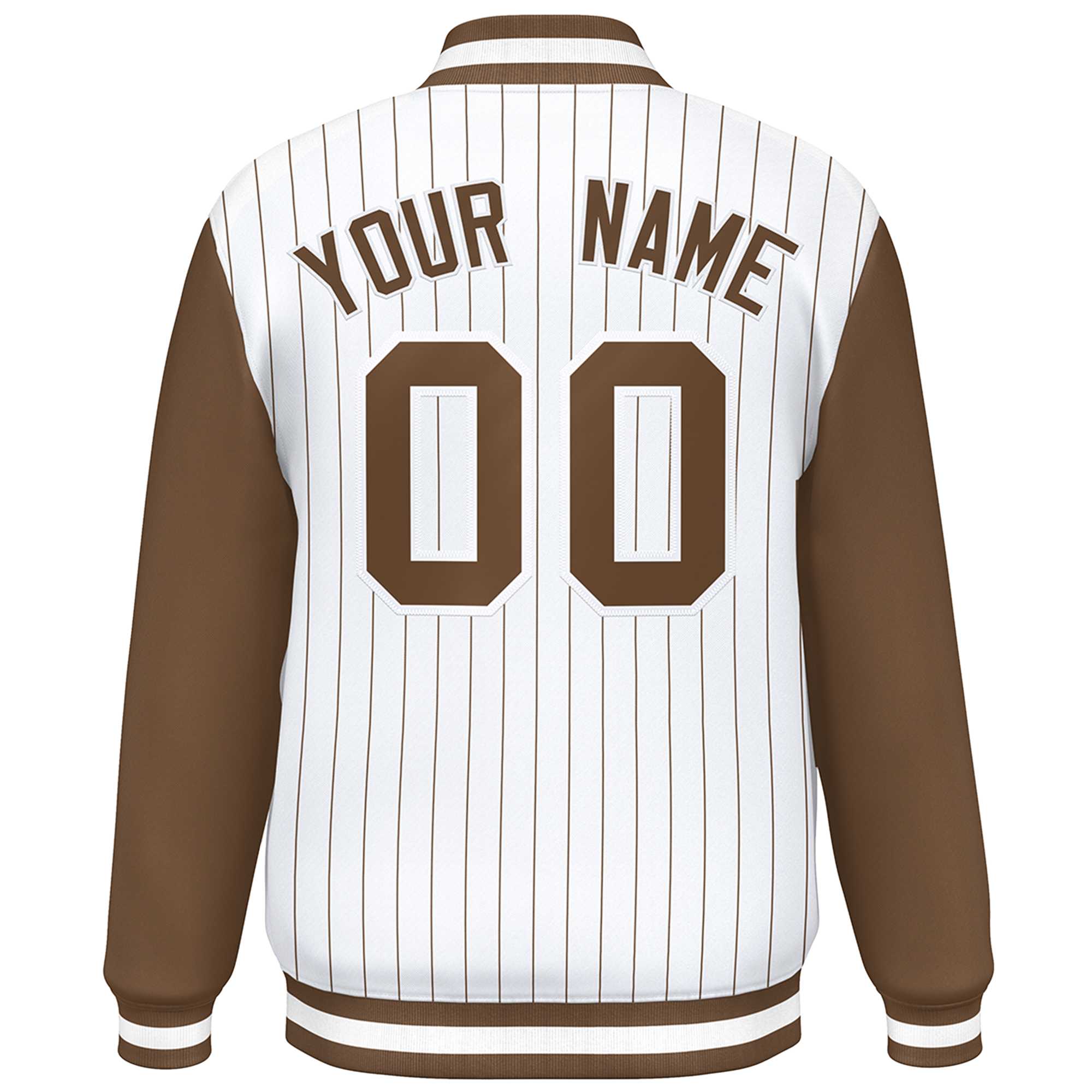 Custom White Brown Stripe Fashion Bomber Varsity Jacket with Raglan Sleeves