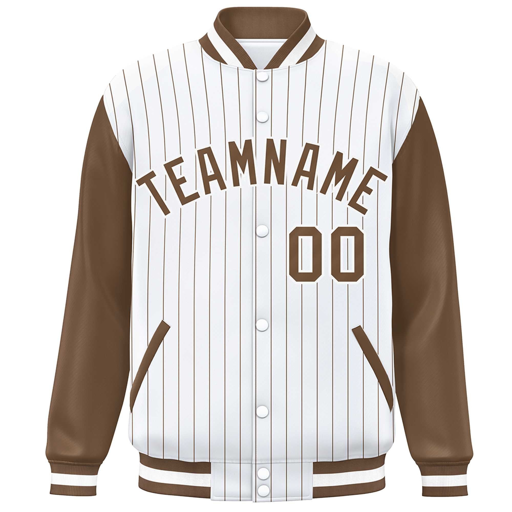 Custom White Brown Stripe Fashion Bomber Varsity Jacket with Raglan Sleeves