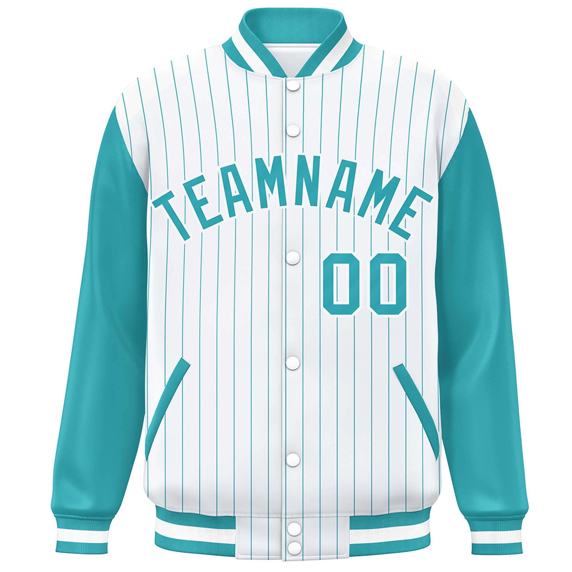 Custom White Aqua Stripe Fashion Bomber Varsity Jacket with Raglan Sleeves