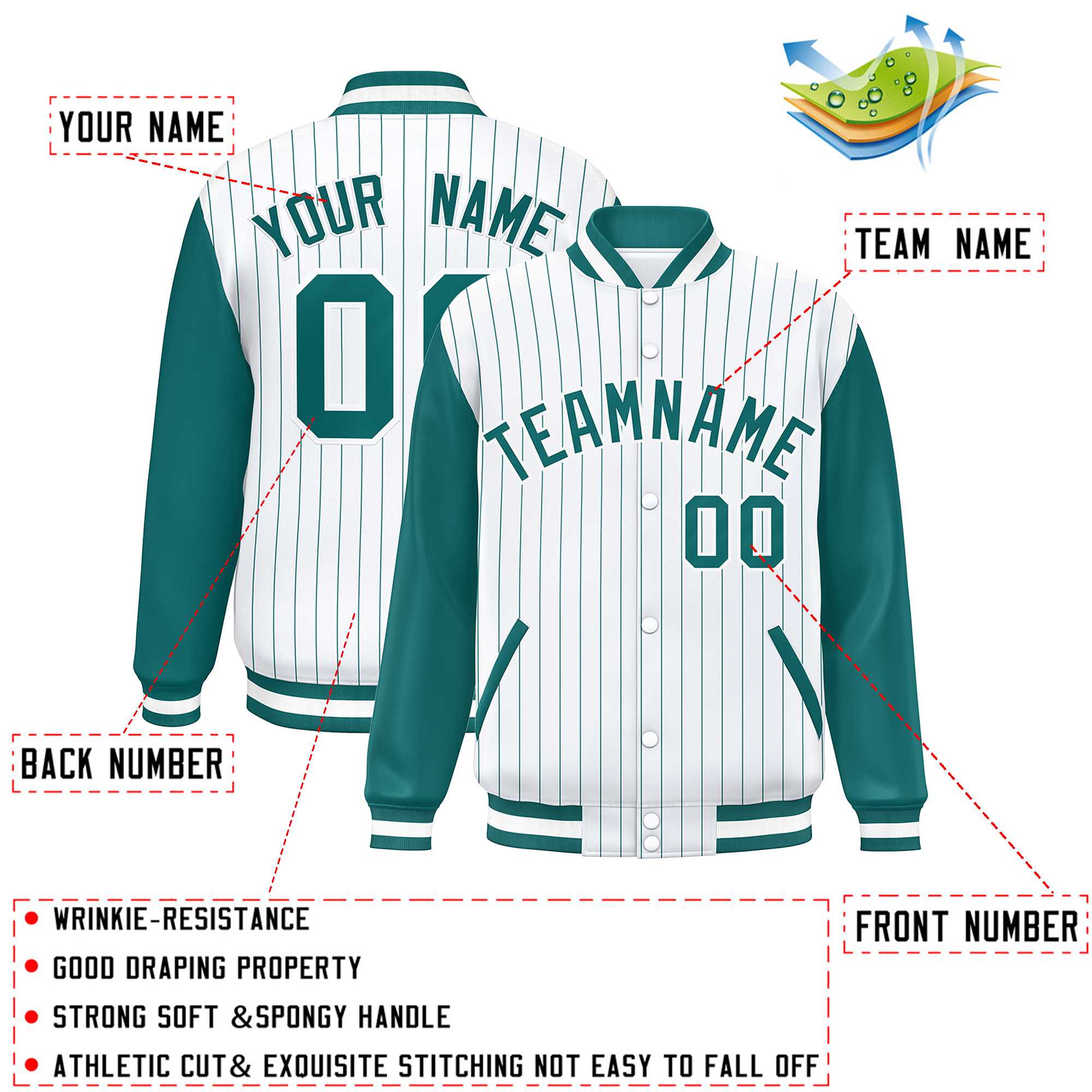 Custom White Aqua Stripe Fashion Bomber Varsity Jacket with Raglan Sleeves