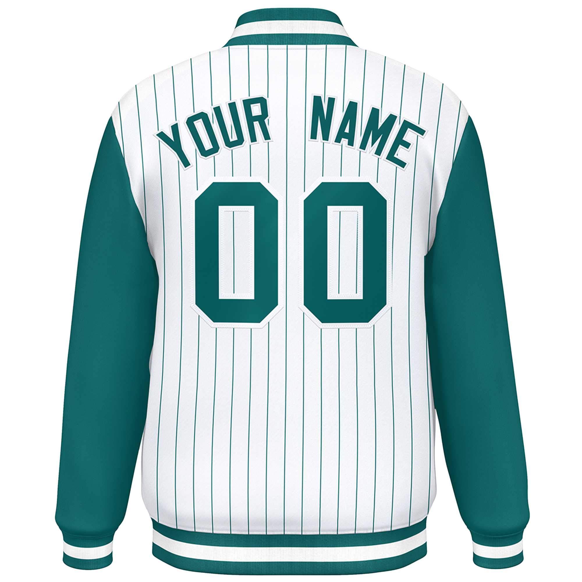 Custom White Aqua Stripe Fashion Bomber Varsity Jacket with Raglan Sleeves