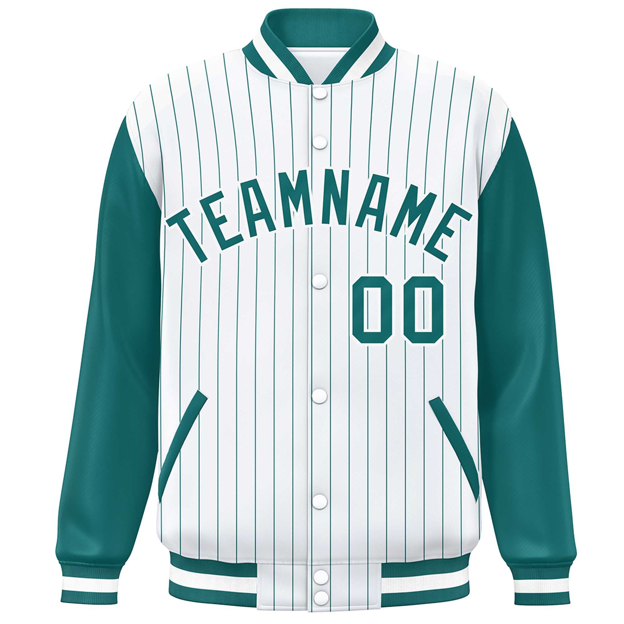 Custom White Aqua Stripe Fashion Bomber Varsity Jacket with Raglan Sleeves