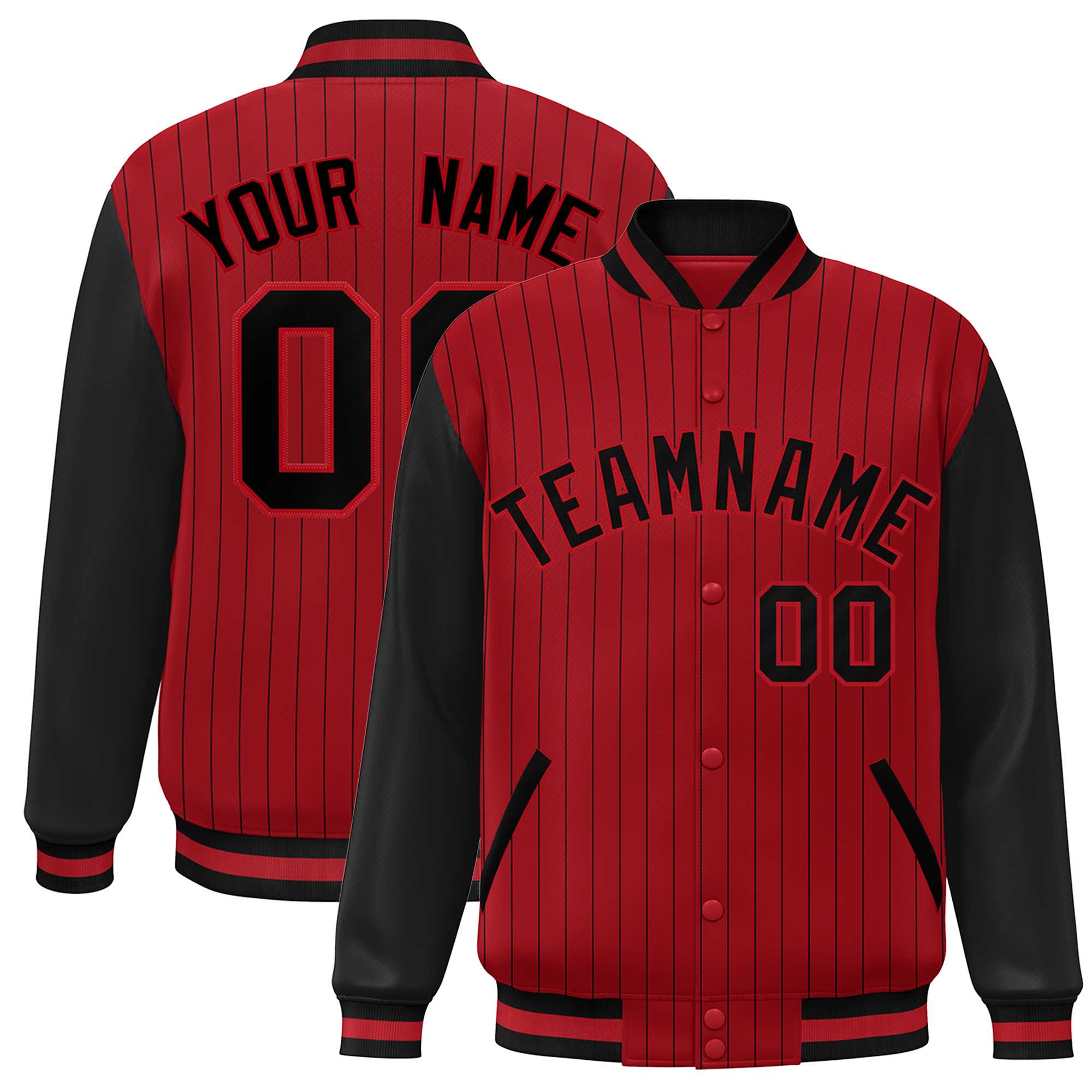 Custom Red Black Stripe Fashion Bomber Varsity Jacket with Raglan Sleeves