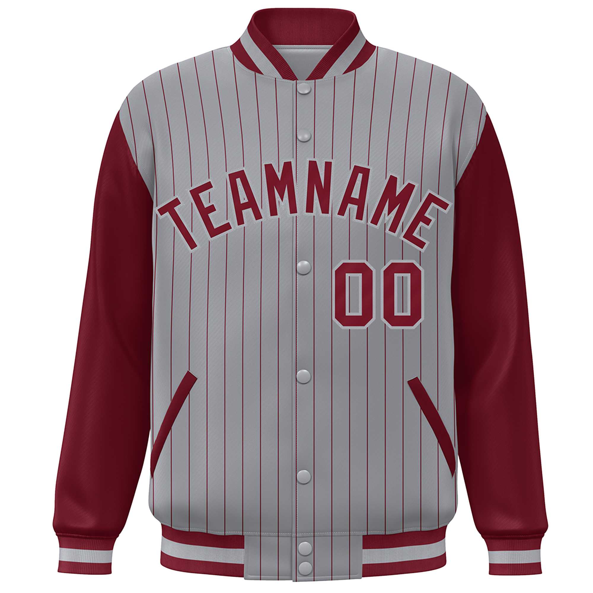 Custom Gray Crimson Stripe Fashion Bomber Varsity Jacket with Raglan Sleeves