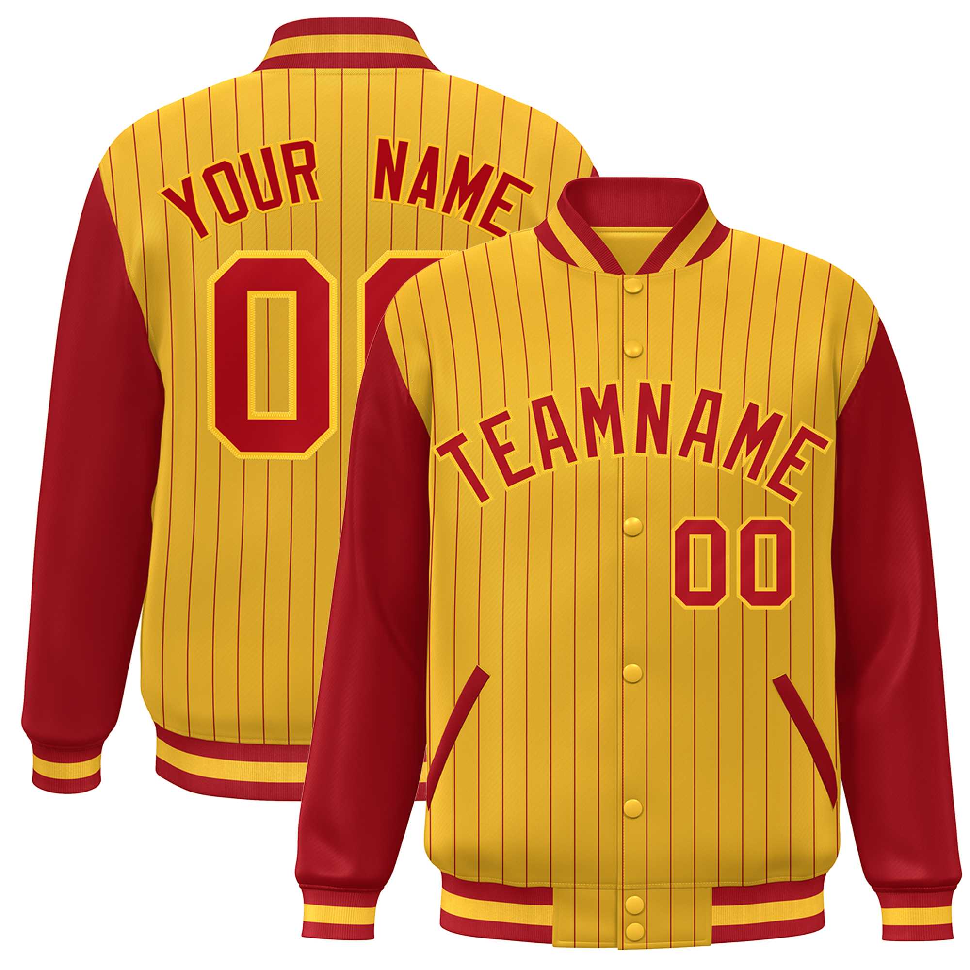 Custom Gold Red Stripe Fashion Bomber Varsity Jacket with Raglan Sleeves