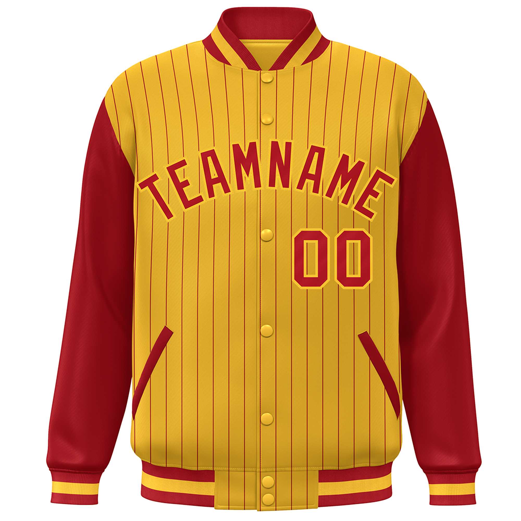 Custom Gold Red Stripe Fashion Bomber Varsity Jacket with Raglan Sleeves