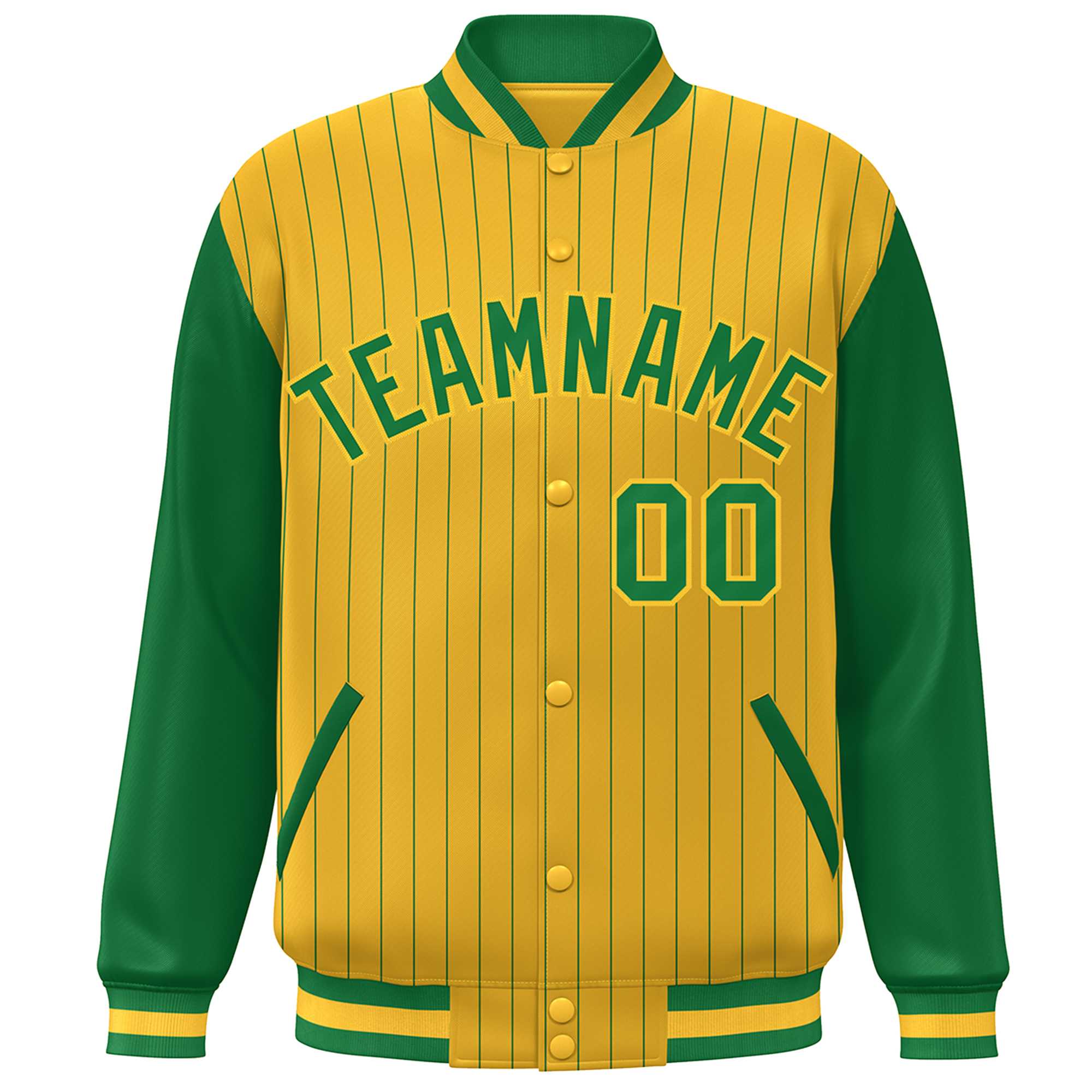 Custom Gold Kelly Green Stripe Fashion Bomber Varsity Jacket with Raglan Sleeves