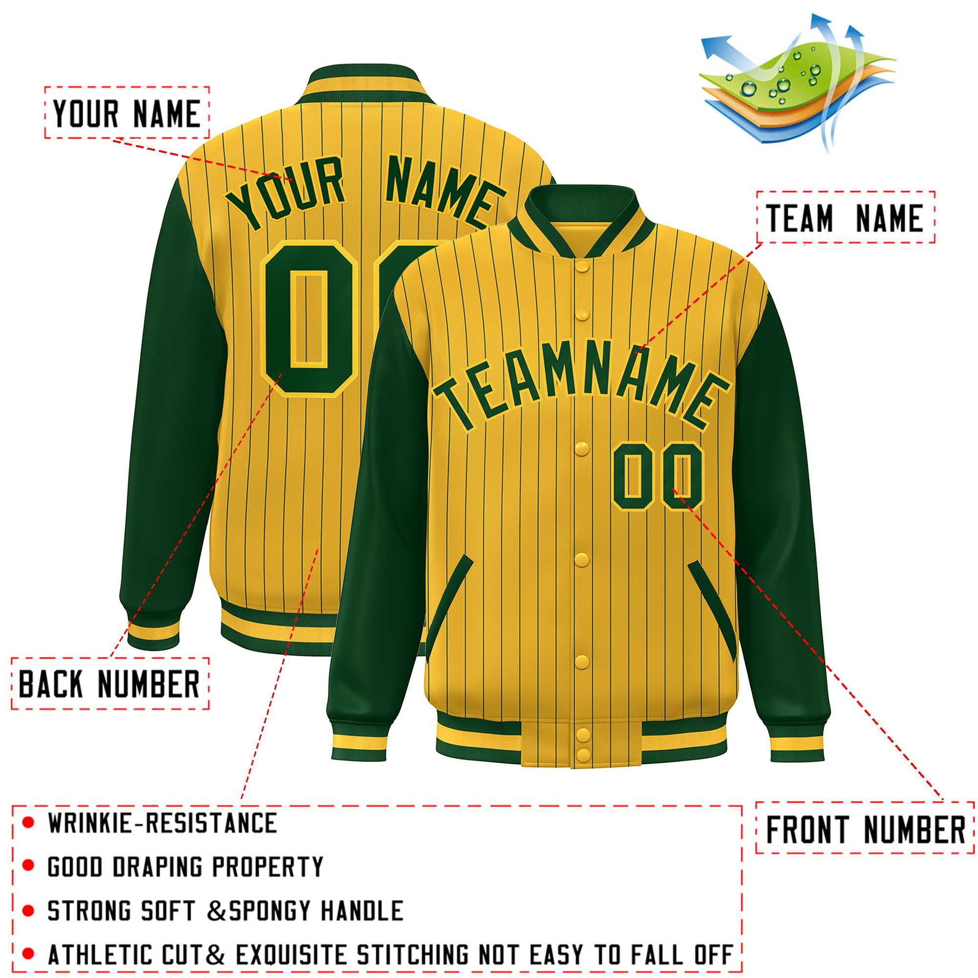 Custom Gold Green Stripe Fashion Bomber Varsity Jacket with Raglan Sleeves