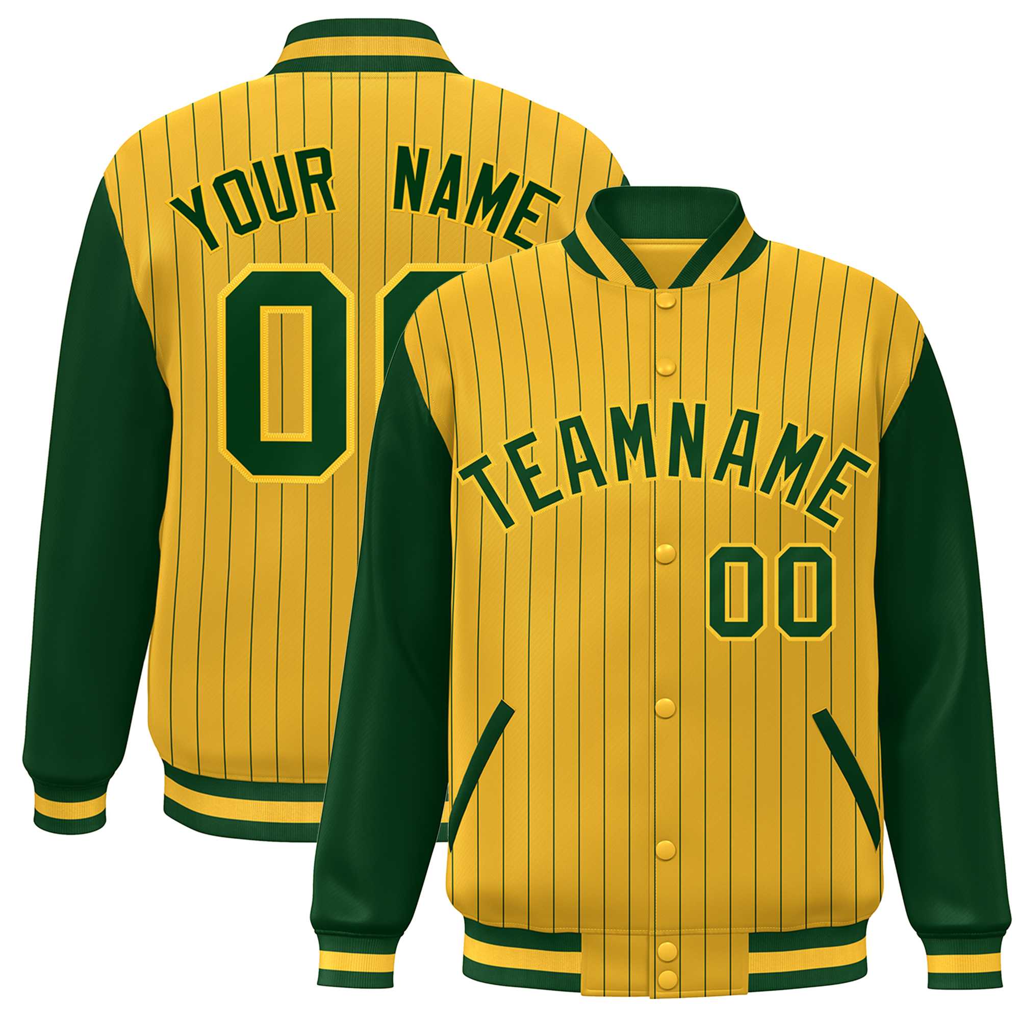 Custom Gold Green Stripe Fashion Bomber Varsity Jacket with Raglan Sleeves