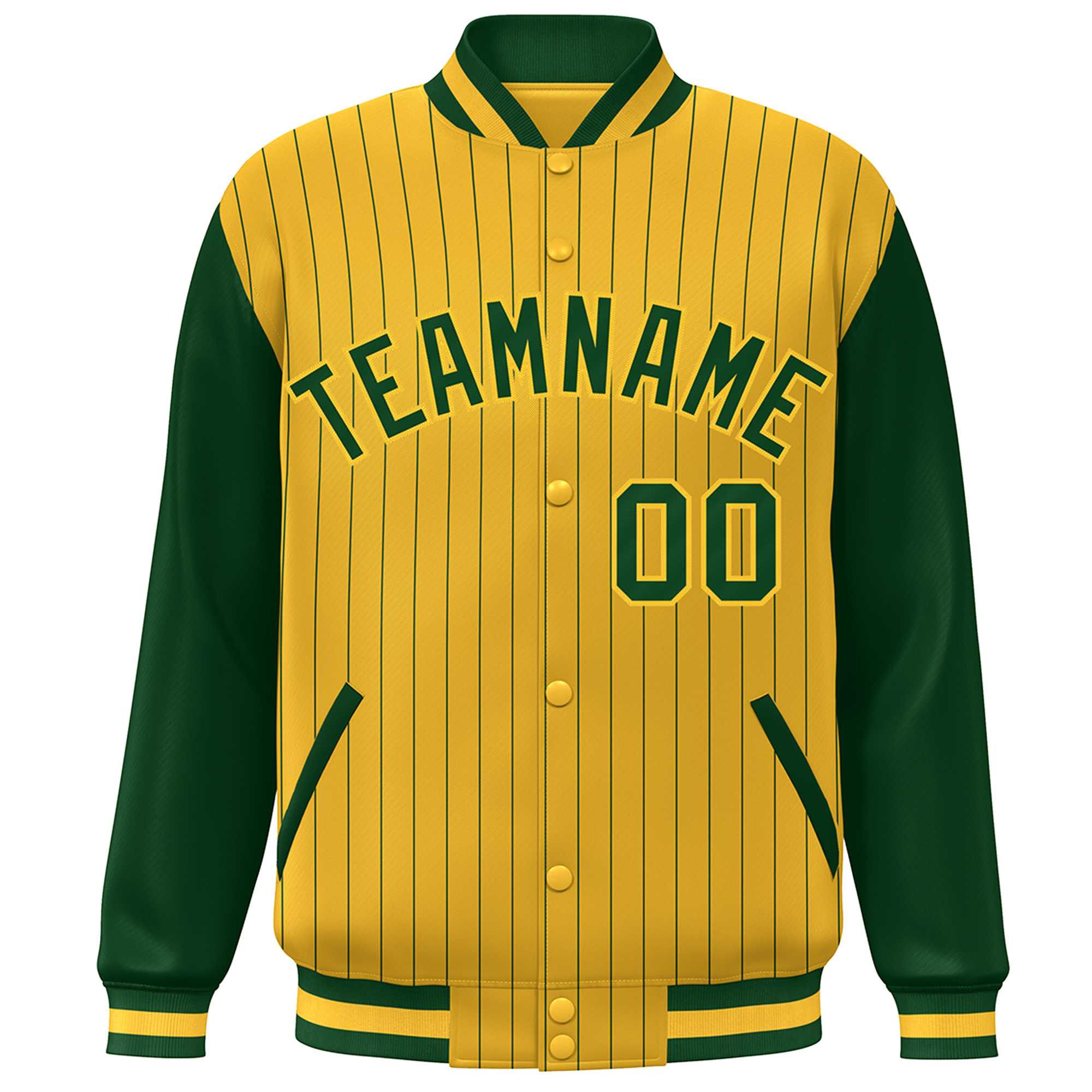 Custom Gold Green Stripe Fashion Bomber Varsity Jacket with Raglan Sleeves