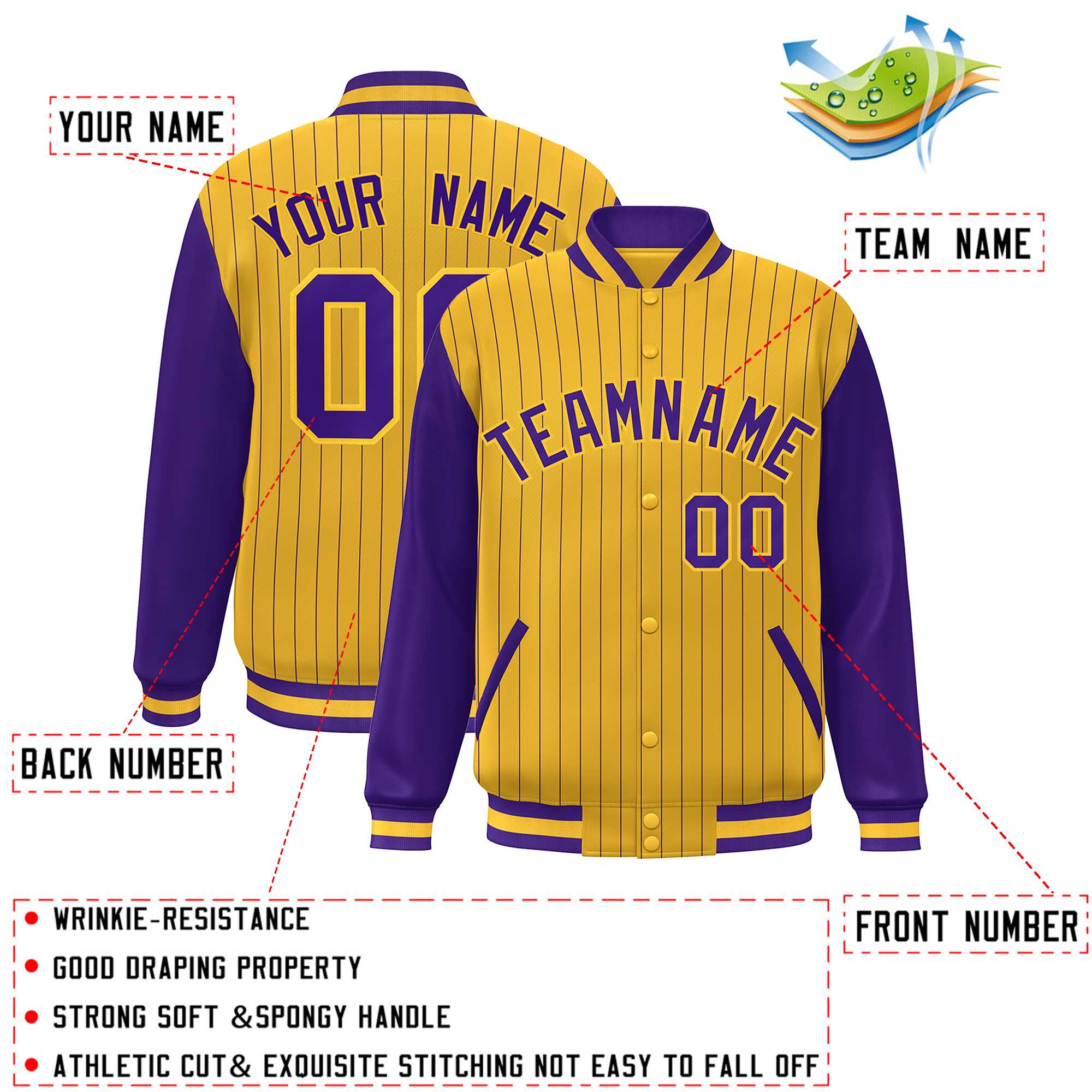 Custom Gold Purple Stripe Fashion Bomber Varsity Jacket with Raglan Sleeves