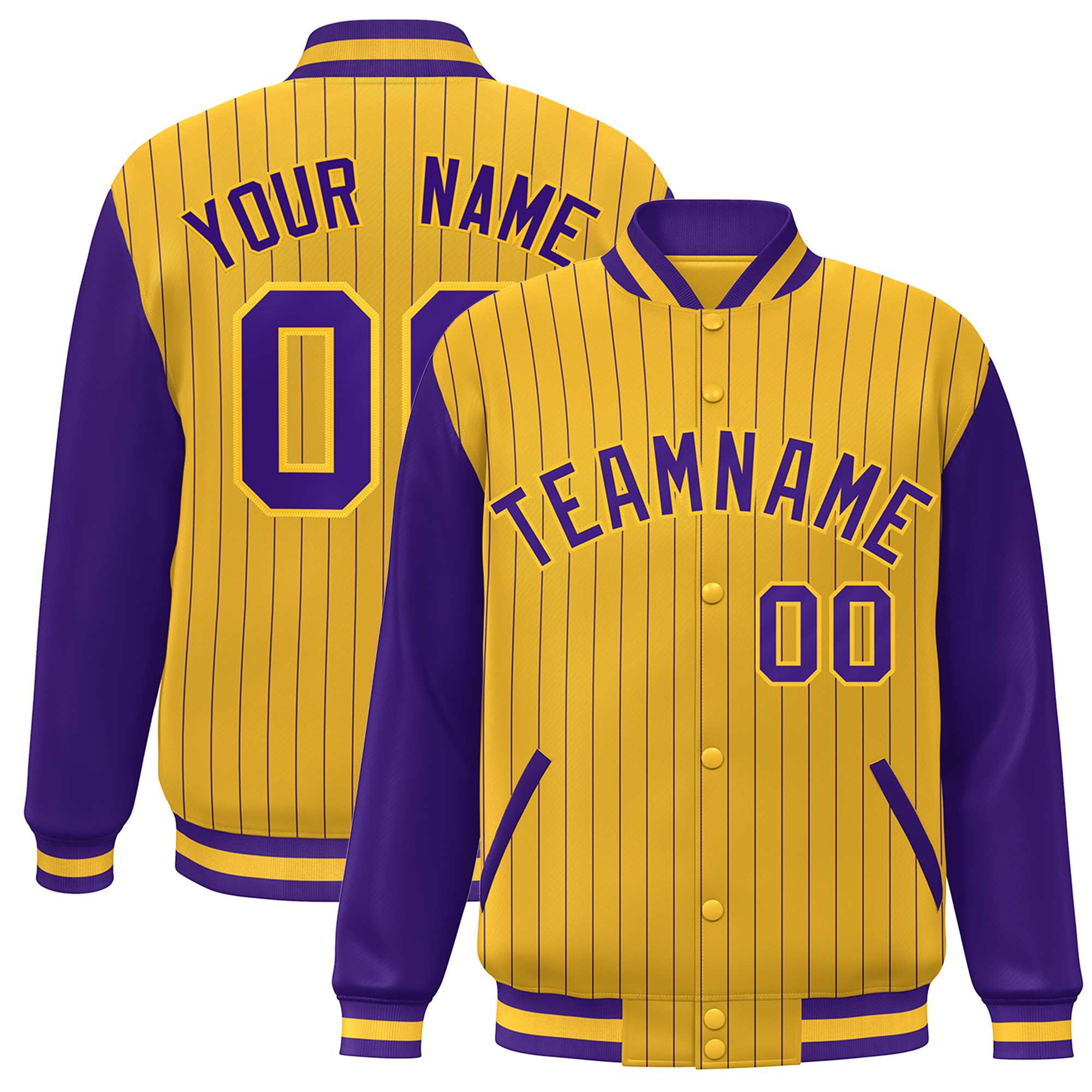 Custom Gold Purple Stripe Fashion Bomber Varsity Jacket with Raglan Sleeves