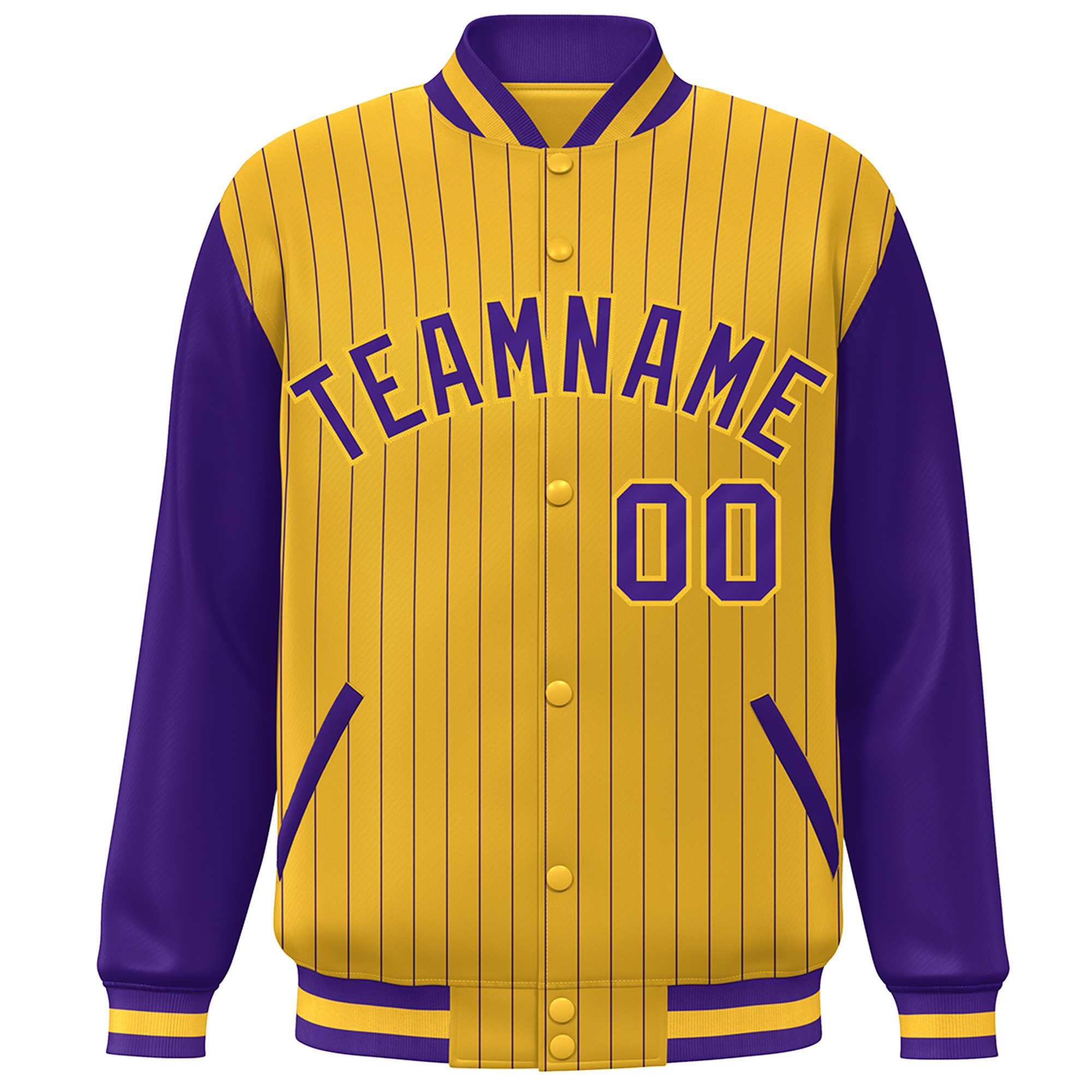 Custom Gold Purple Stripe Fashion Bomber Varsity Jacket with Raglan Sleeves