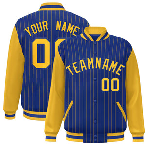 Custom Royal Gold Stripe Fashion Bomber Varsity Jacket with Raglan Sleeves