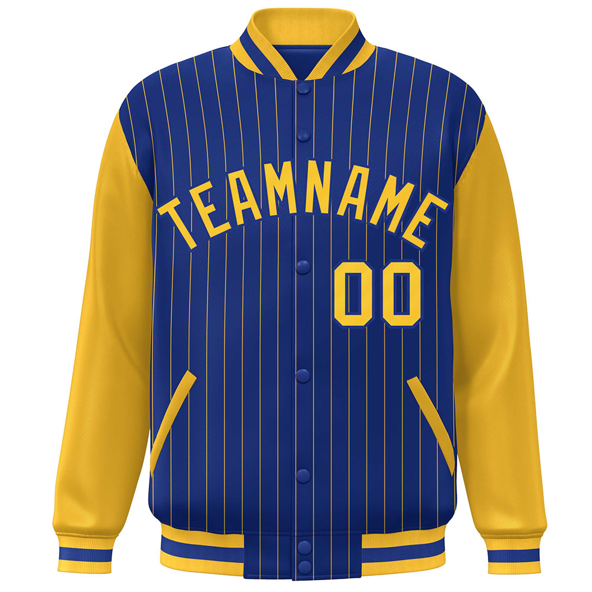 Custom Royal Gold Stripe Fashion Bomber Varsity Jacket with Raglan Sleeves