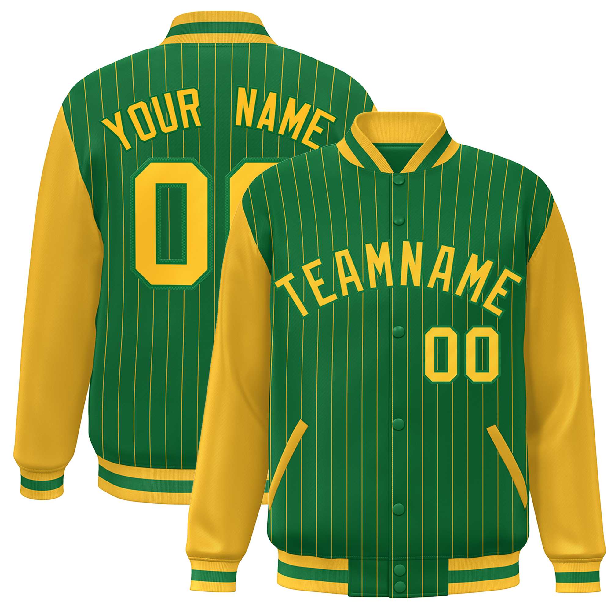 Custom Kelly Green Gold Stripe Fashion Bomber Varsity Jacket with Raglan Sleeves