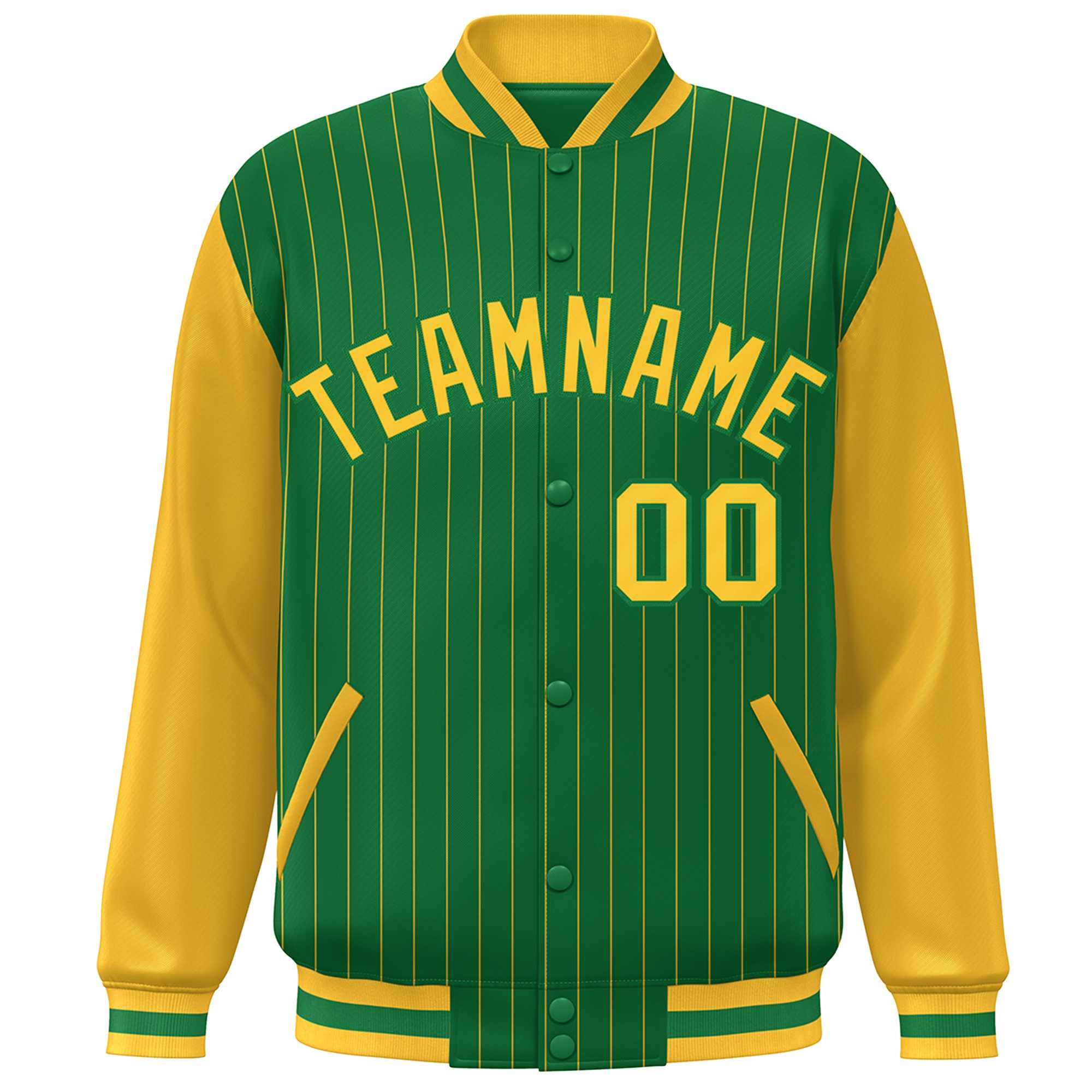 Custom Kelly Green Gold Stripe Fashion Bomber Varsity Jacket with Raglan Sleeves