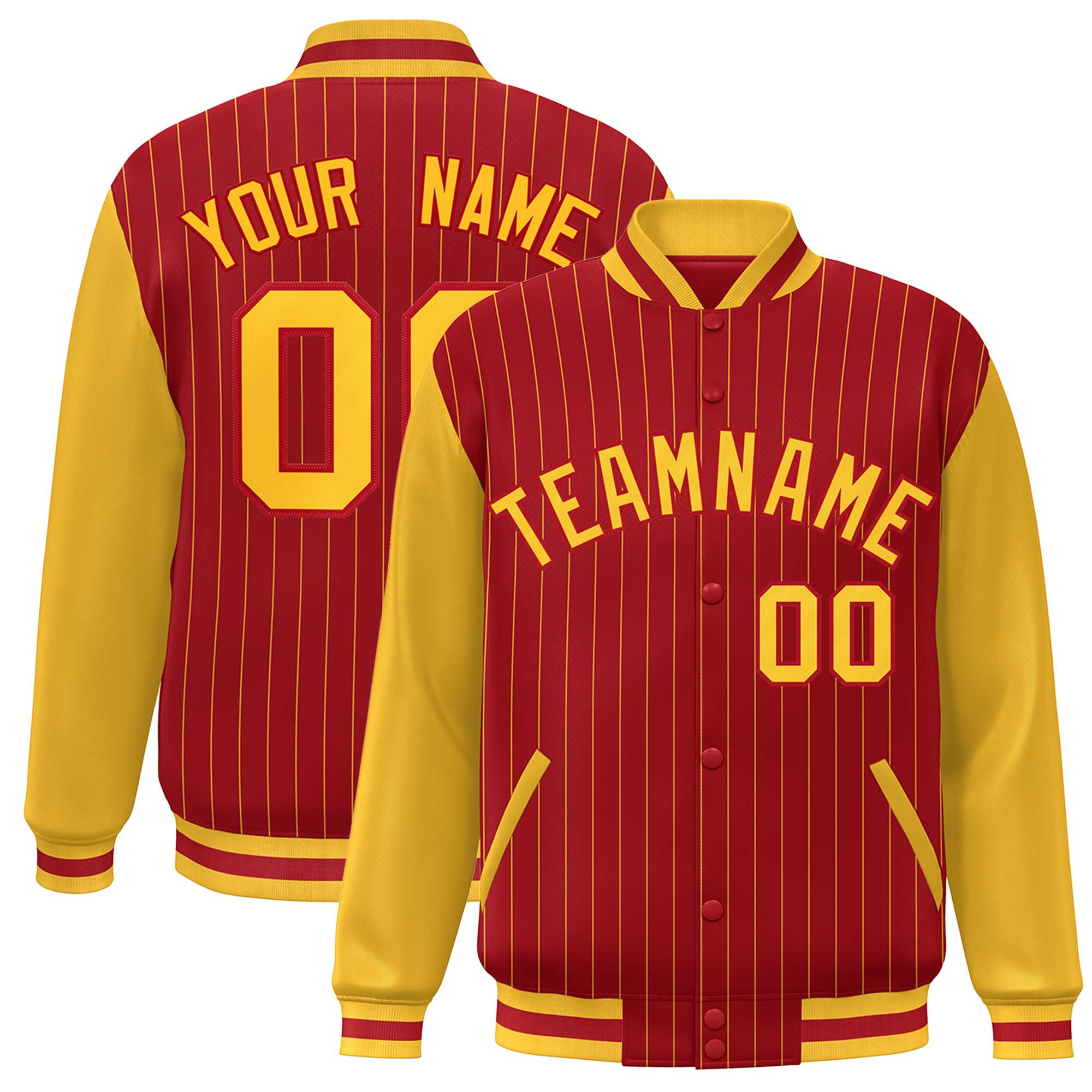 Custom Red Gold Stripe Fashion Bomber Varsity Jacket with Raglan Sleeves