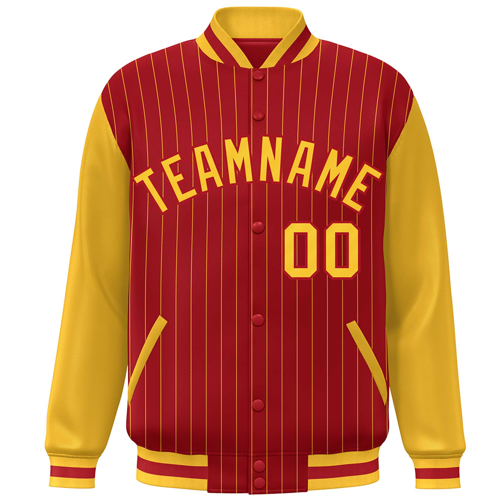 Custom Red Gold Stripe Fashion Bomber Varsity Jacket with Raglan Sleeves