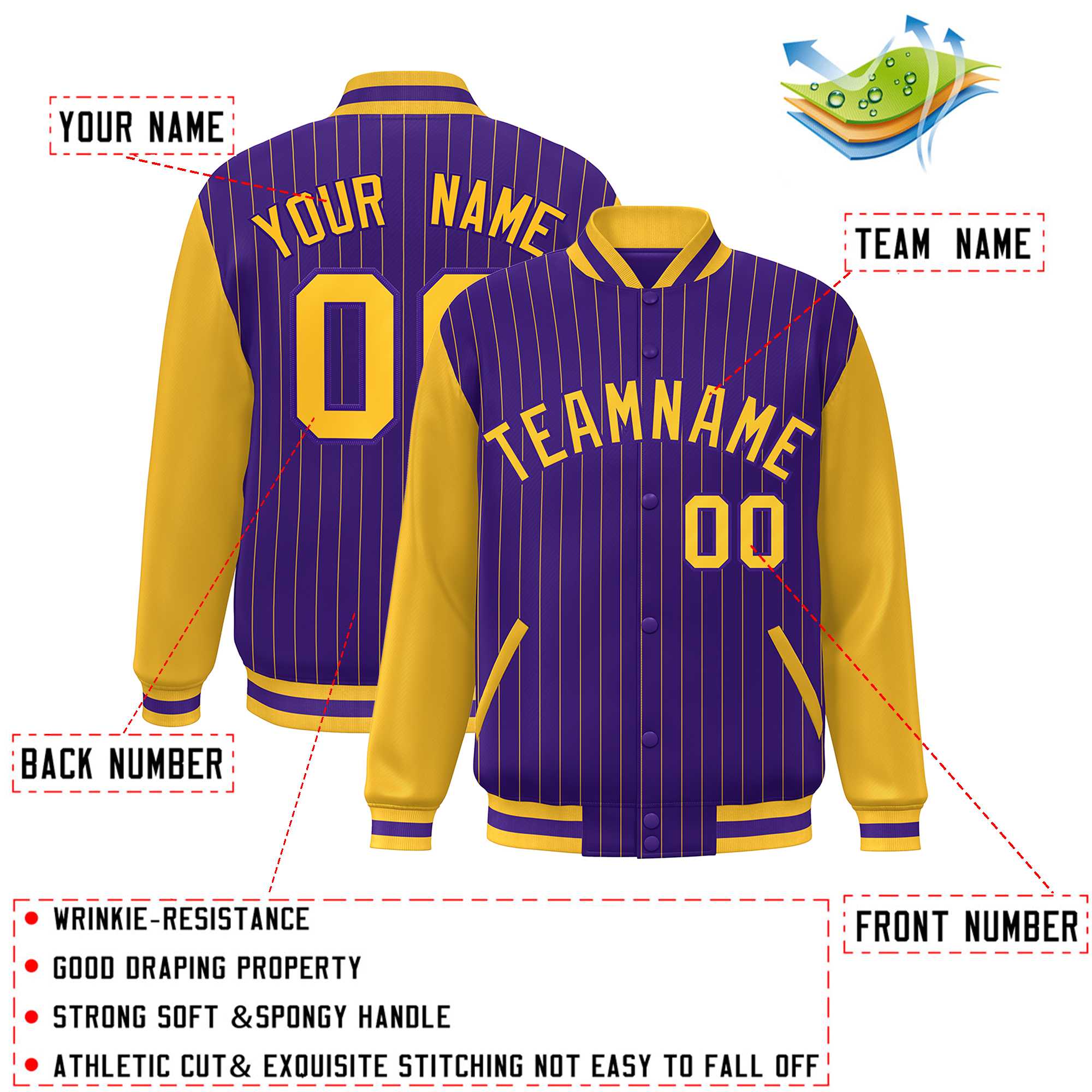 Custom Purple Gold Stripe Fashion Bomber Varsity Jacket with Raglan Sleeves