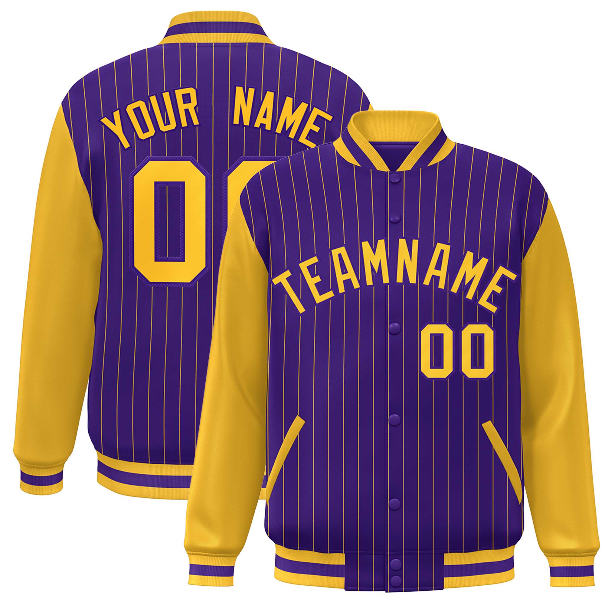 Custom Purple Gold Stripe Fashion Bomber Varsity Jacket with Raglan Sleeves