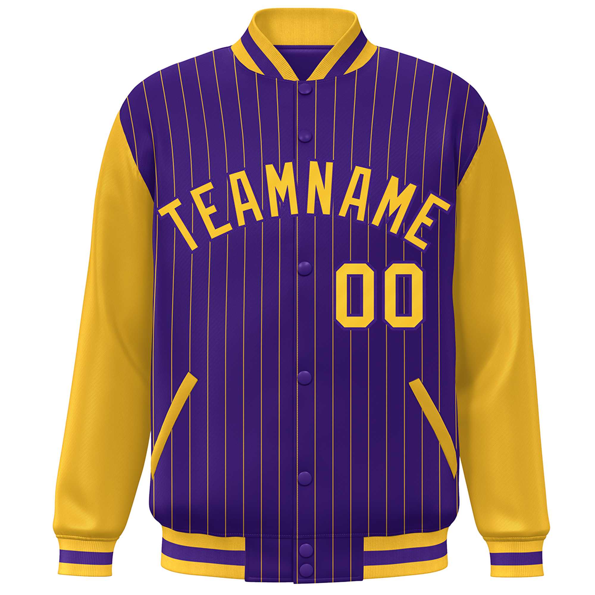 Custom Purple Gold Stripe Fashion Bomber Varsity Jacket with Raglan Sleeves